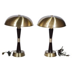 Pair of Ship's Nautical Stateroom Teak and Brass Table Lamps