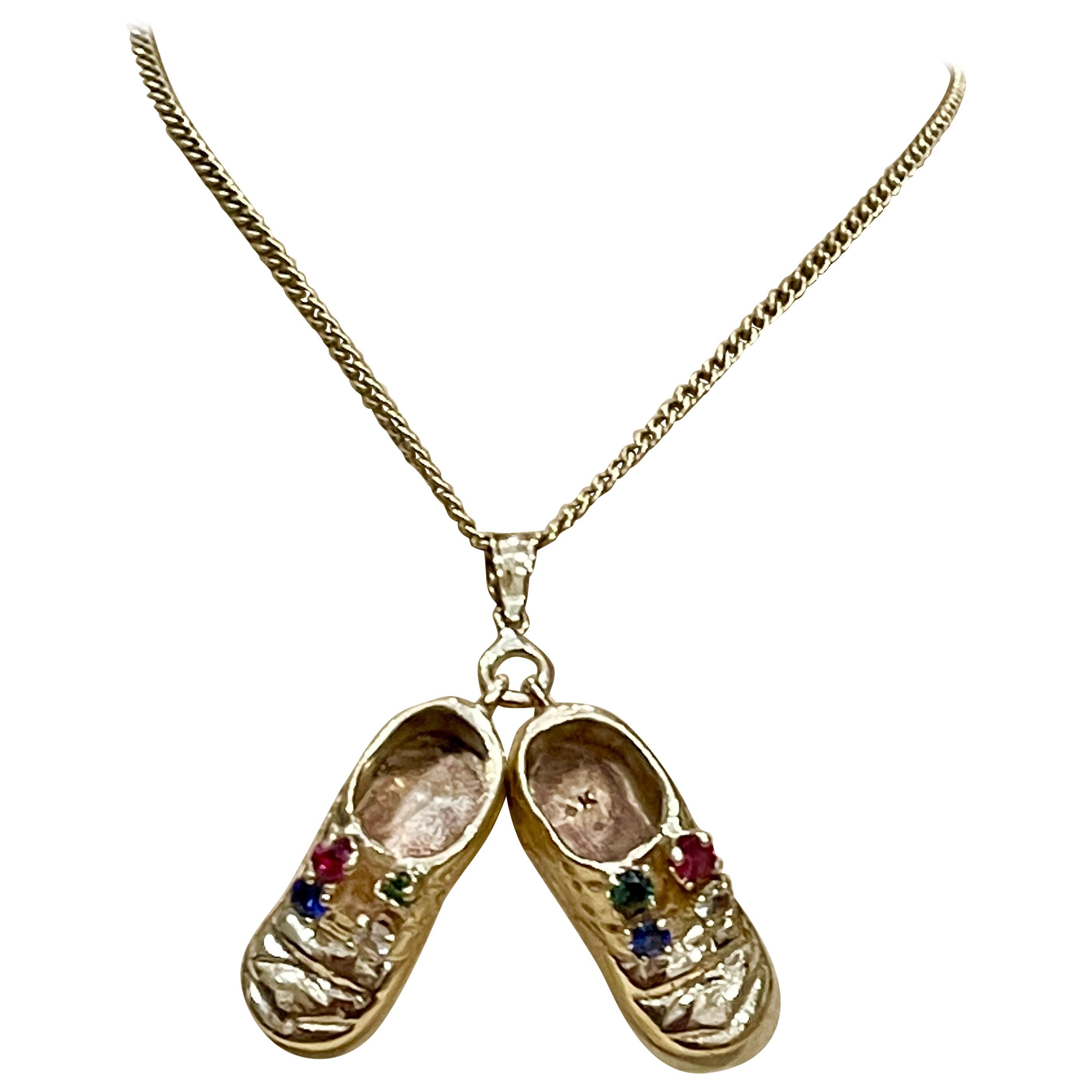 Pair of Shoe Charms with Precious Stone Pendant Necklace and Yellow Gold Chain For Sale