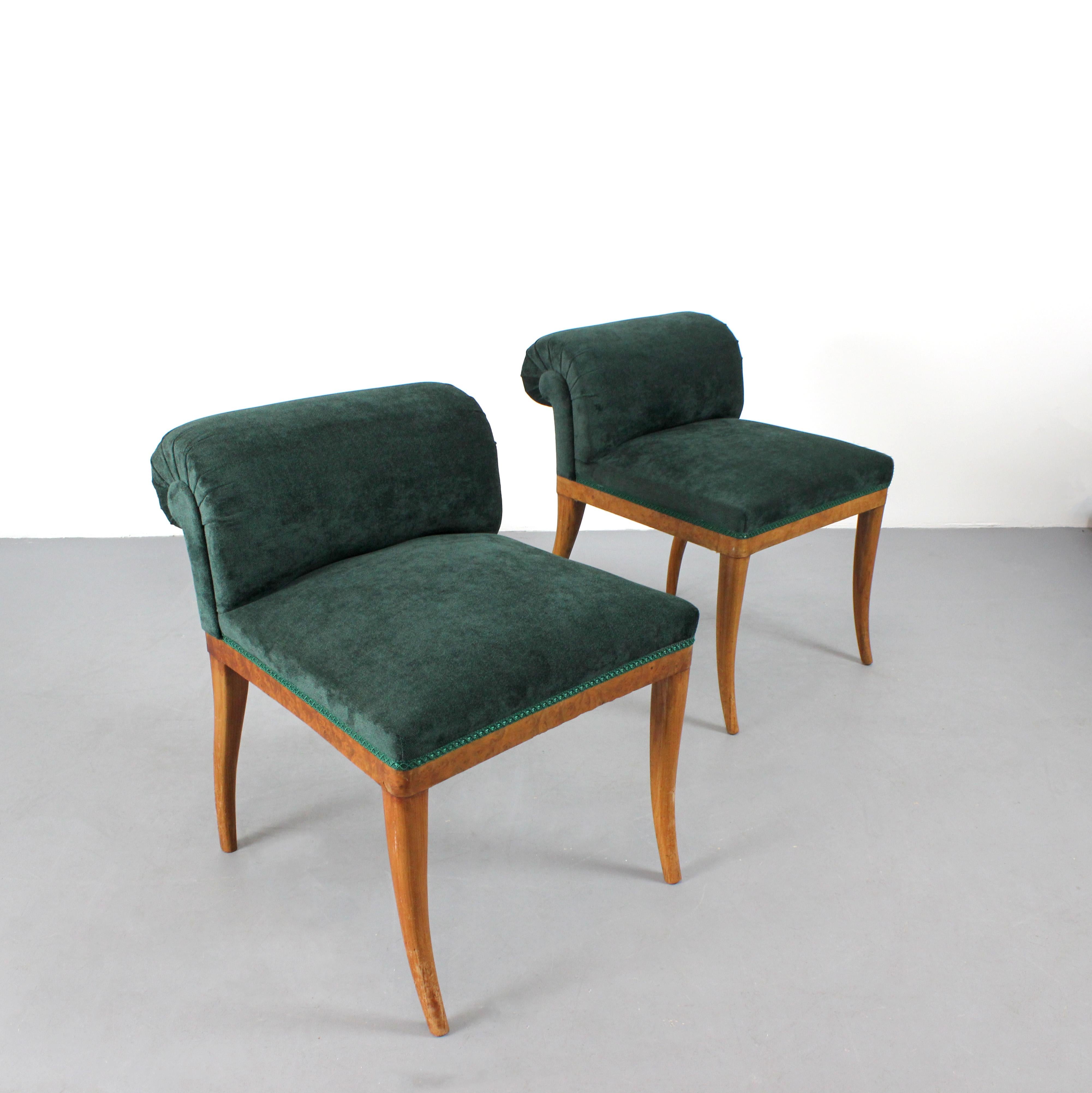 Pair of shoe racks with a root wood frame and green chenille upholstery - Art Deco style- c. 1950