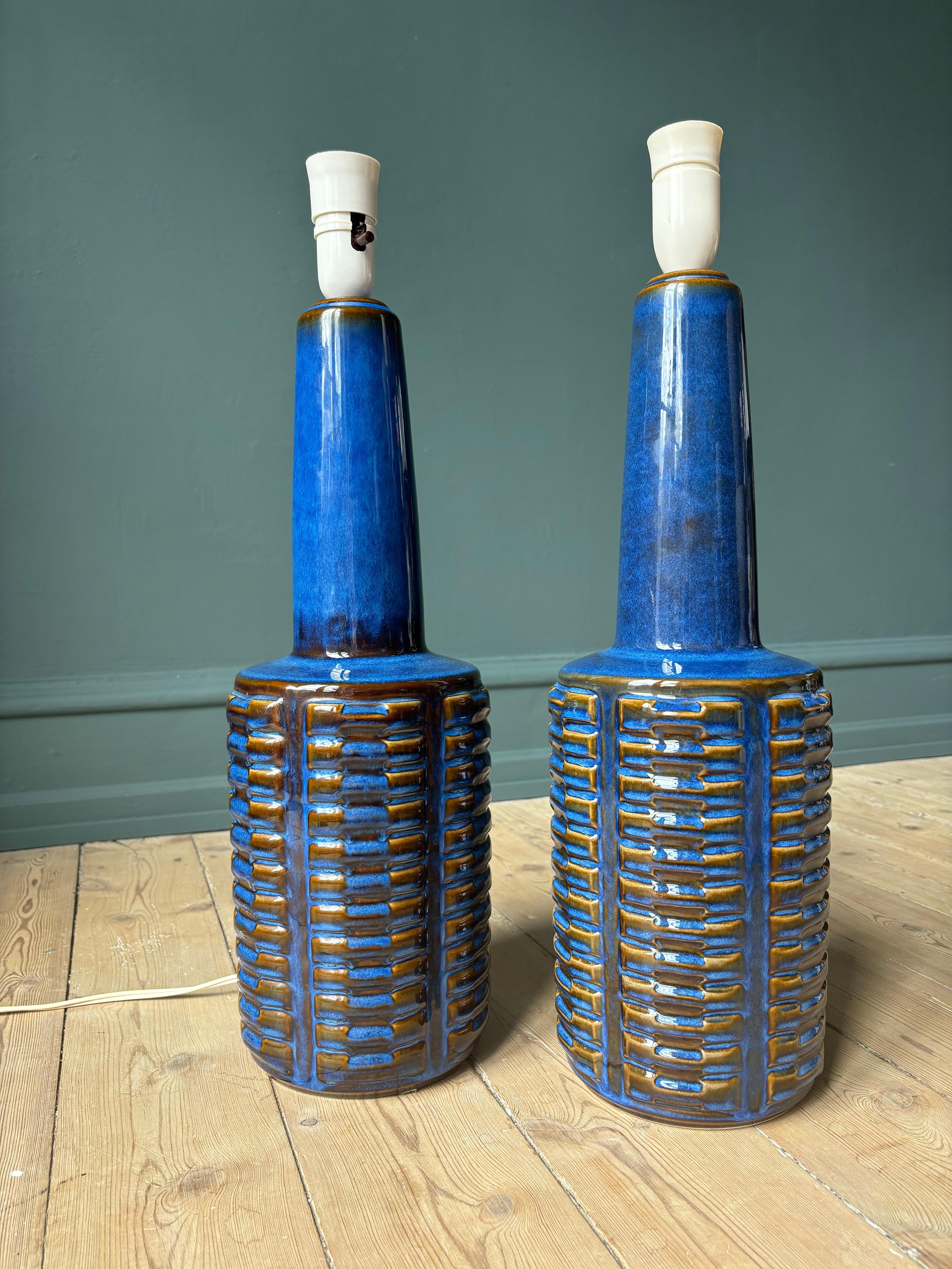 Glazed Large Søholm Tall Blue Stoneware Lamp - Two Items For Sale
