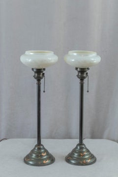 Pair Of Short Torchiere Lamps, Steuben Calcite Shades, Bronze Bases, ca. 1910