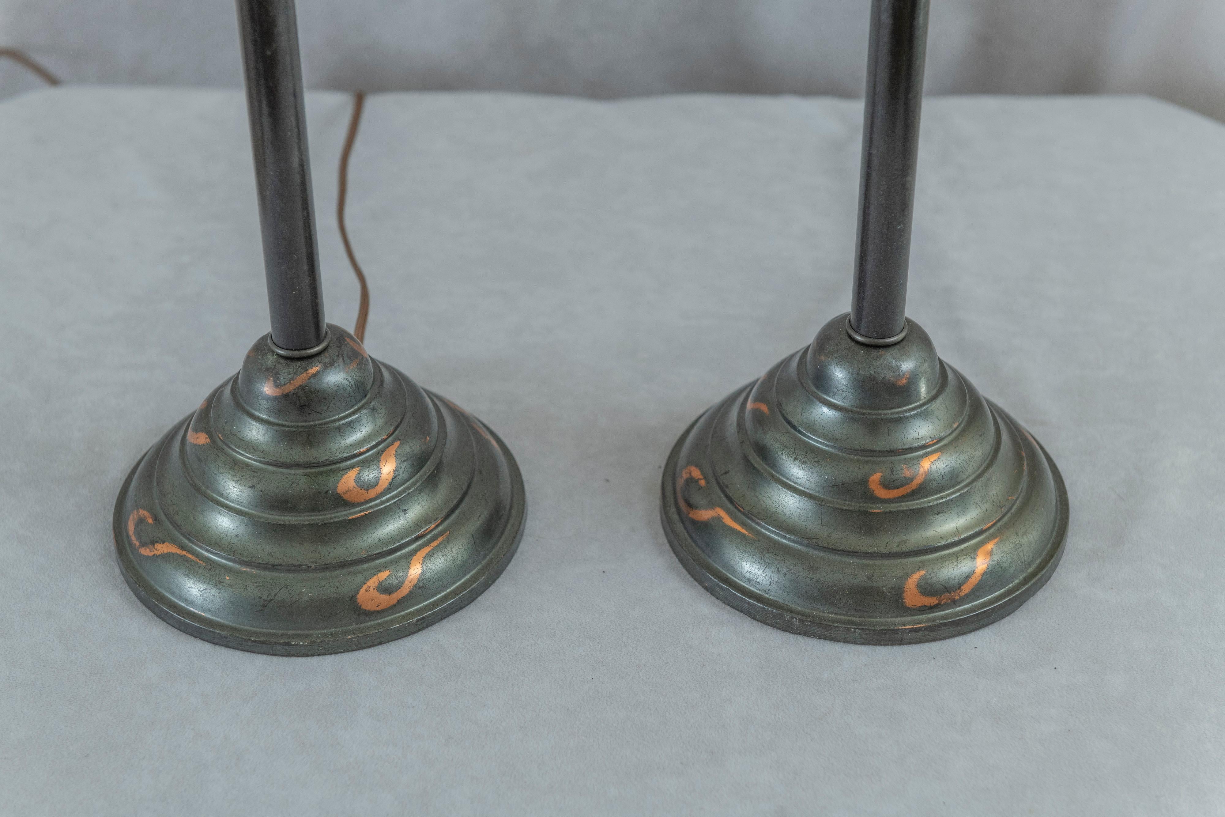Hand-Crafted Pair Of Short Torchiere Lamps, Steuben Calcite Shades, Bronze Bases, ca. 1910