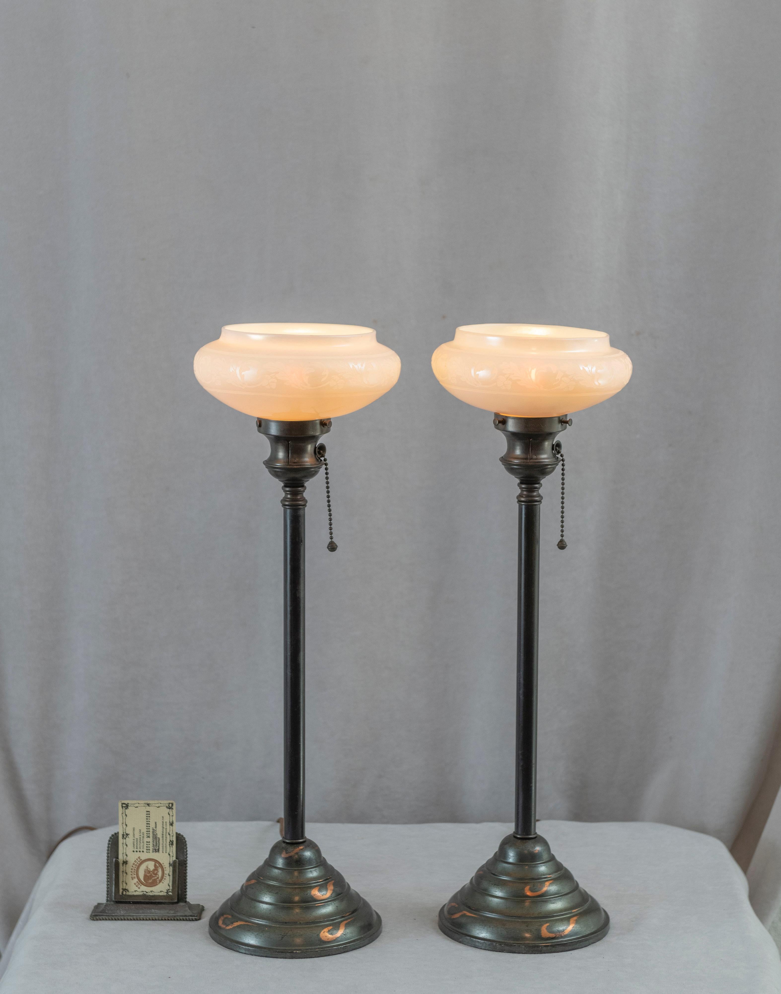 Pair Of Short Torchiere Lamps, Steuben Calcite Shades, Bronze Bases, ca. 1910 In Excellent Condition In Petaluma, CA