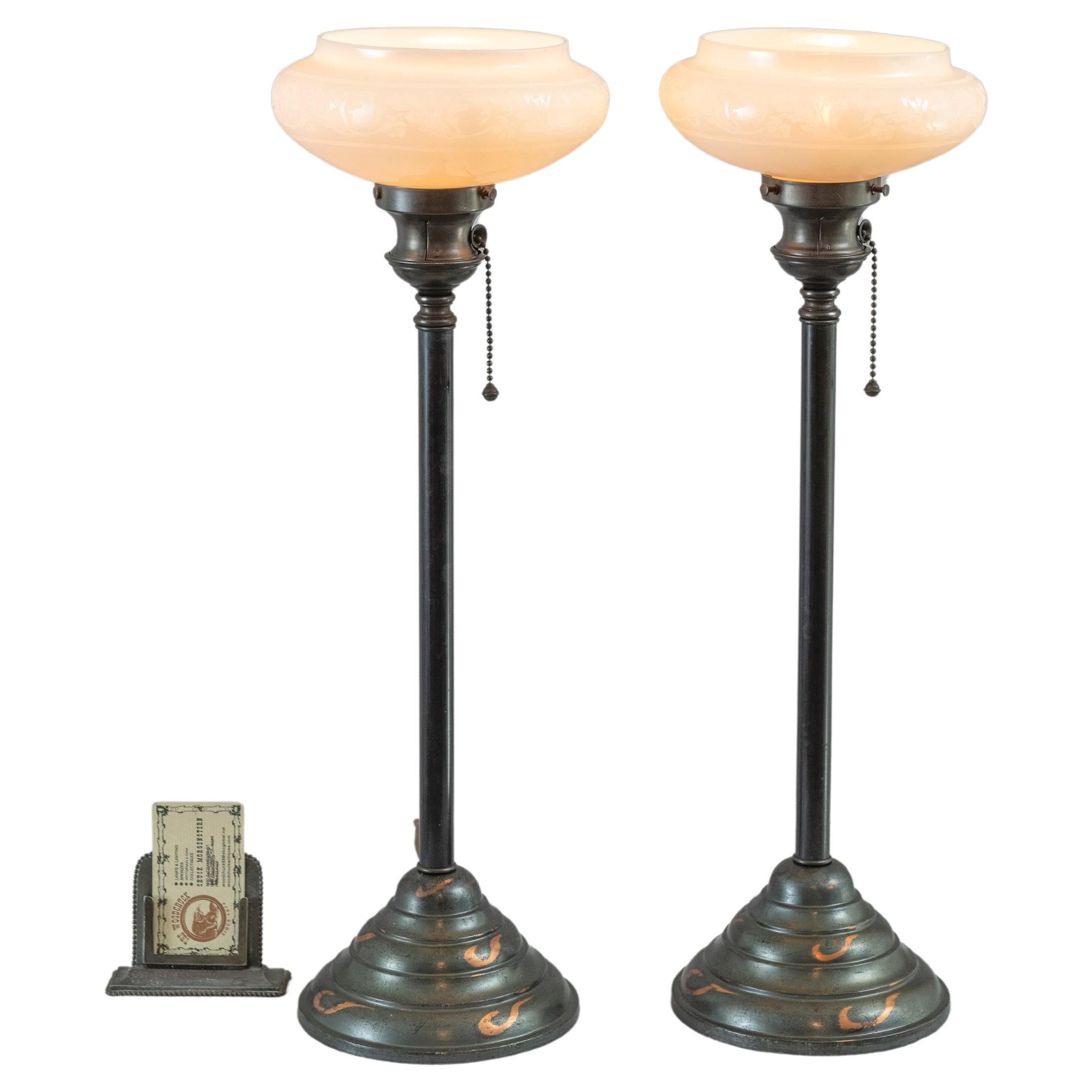 Pair Of Short Torchiere Lamps, Steuben Calcite Shades, Bronze Bases, ca. 1910