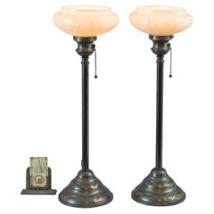 Pair Of Short Torchiere Lamps, Steuben Calcite Shades, Bronze Bases, ca. 1910