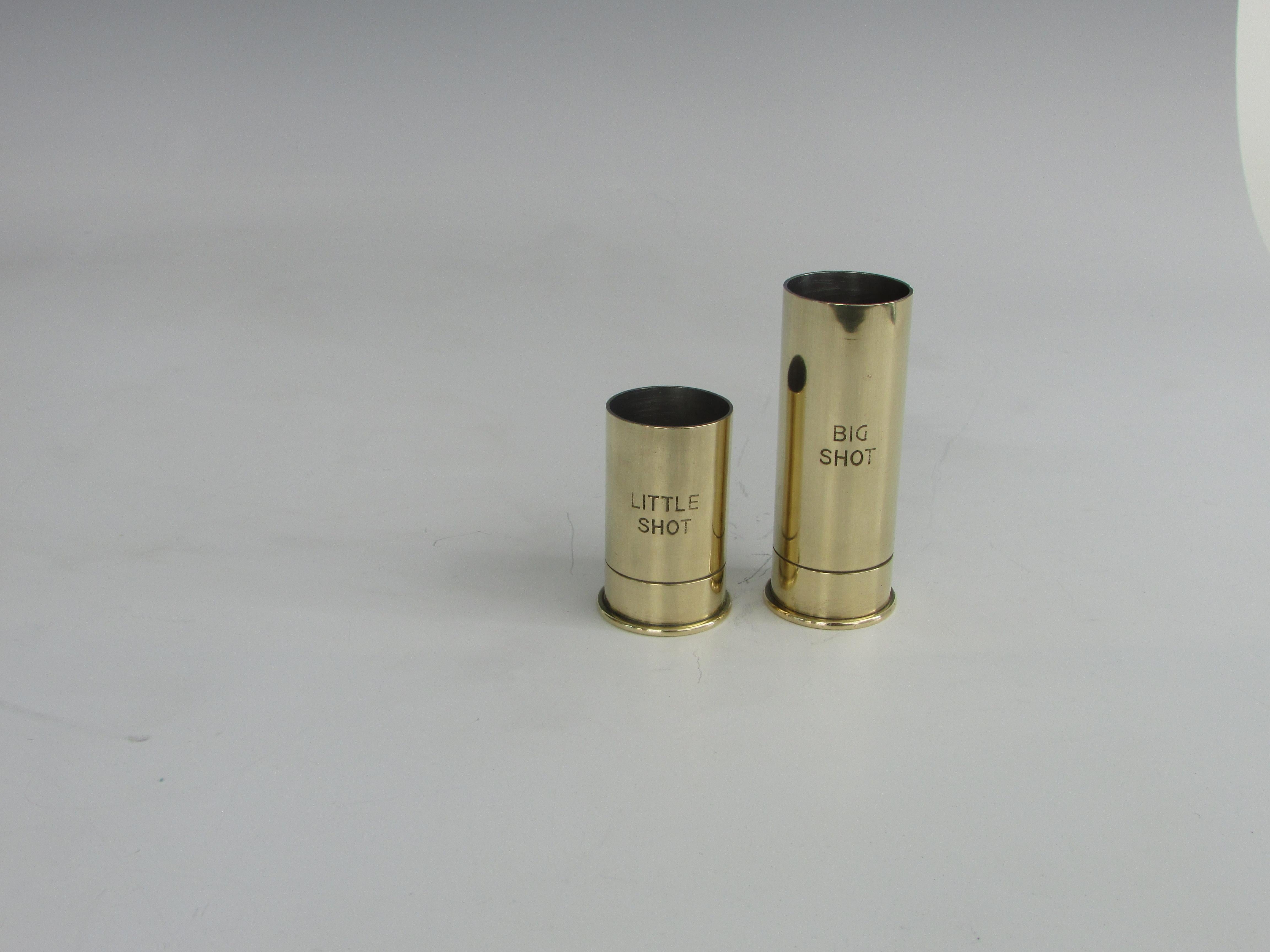 Italian Pair of Shotgun Shell Styled Brass 1 and 2 Oz, Jigger Shot Glass Made in Italy