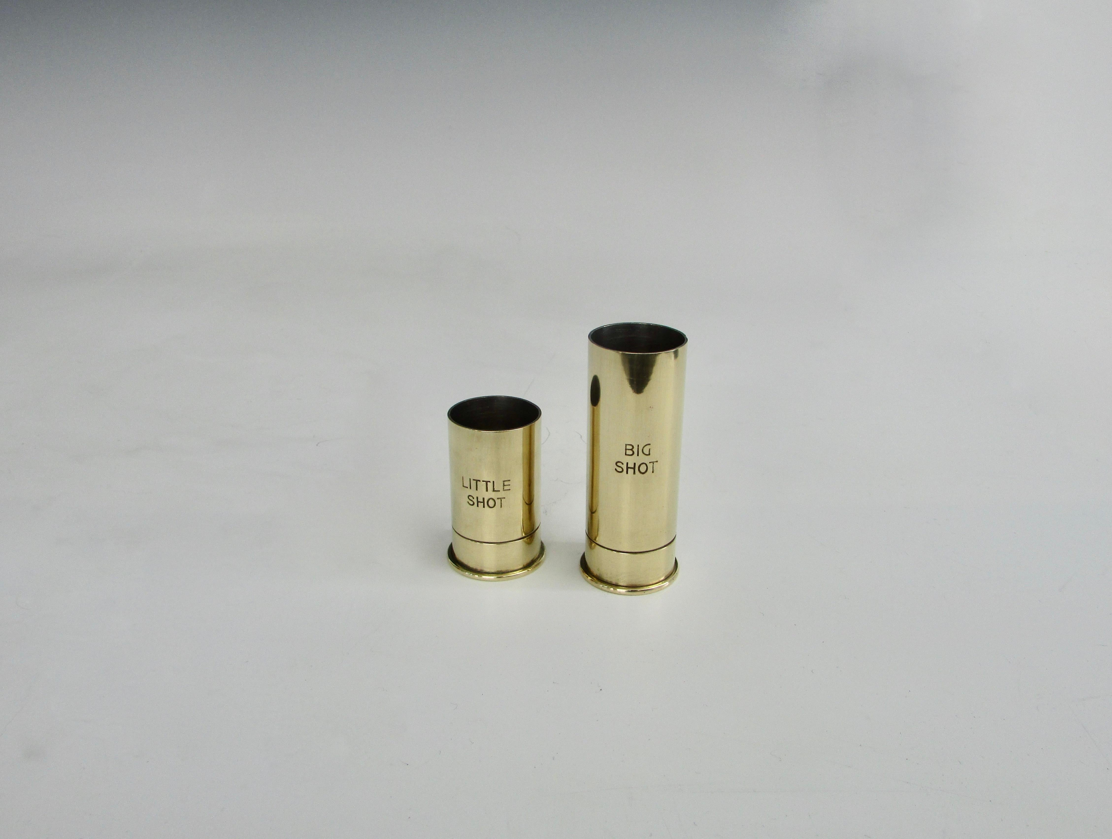 Polished Pair of Shotgun Shell Styled Brass 1 and 2 Oz, Jigger Shot Glass Made in Italy