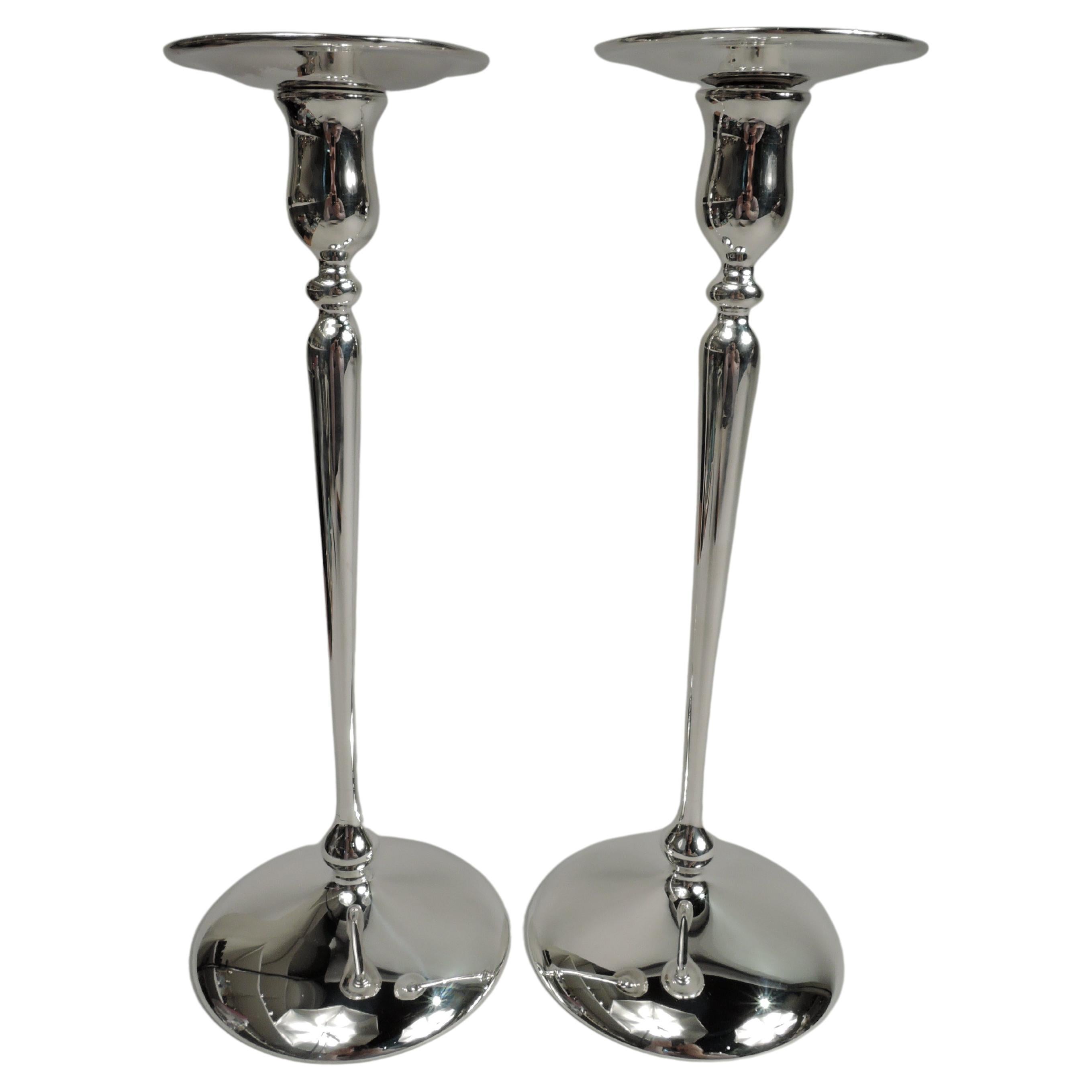 Pair of Shreve Tall & Elegant Sterling Silver Candlesticks