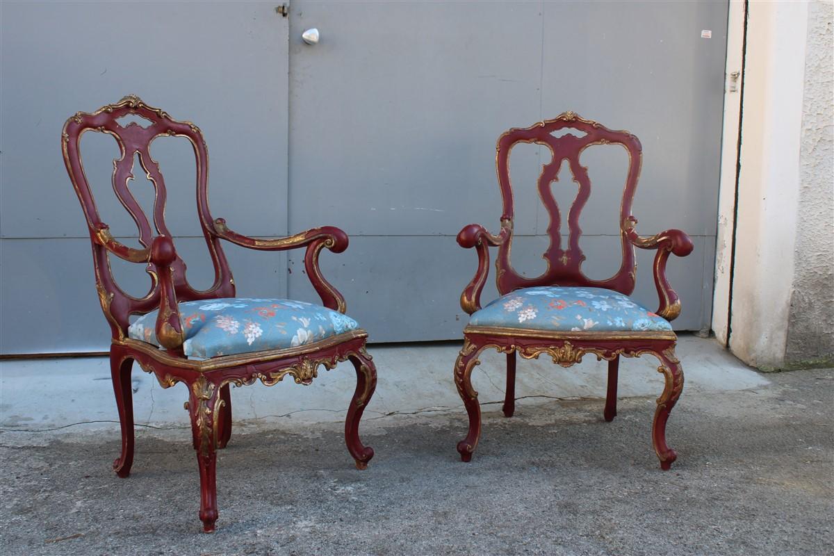 Pair of Sicilian armchairs in red lacquer in the style of Barocco 1700, lacquered in red lacquer, the Sicilian and delicate style of great passion and design, a pair of very rare armchairs.