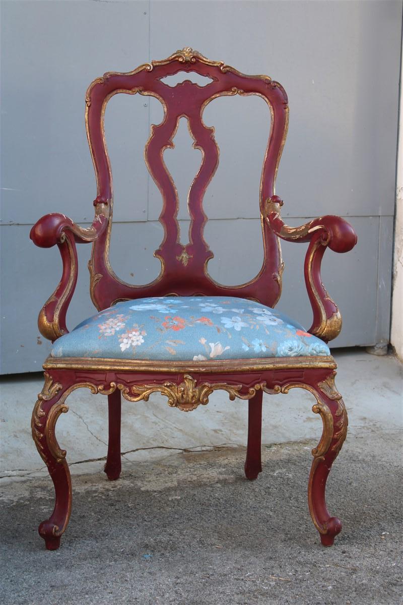 Baroque Pair of Sicilian Armchairs in Red Lacquer in the Style of Barocco 1700 For Sale