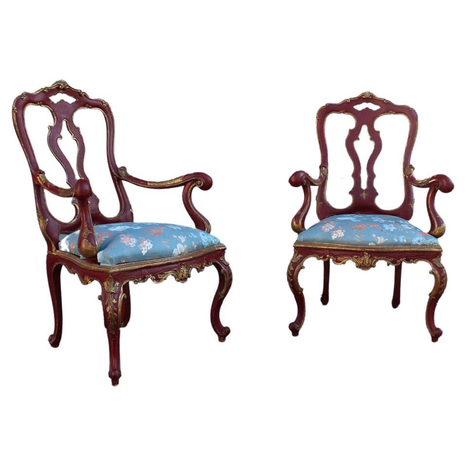 Pair of Sicilian Armchairs in Red Lacquer in the Style of Barocco 1700 For Sale