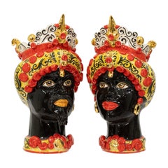Pair Of Sicily & More Handcrafted Ceramic Moore Head Vases By Caltagirone
