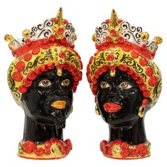 Pair Of Sicily & More Handcrafted Ceramic Moore Head Vases By Caltagirone