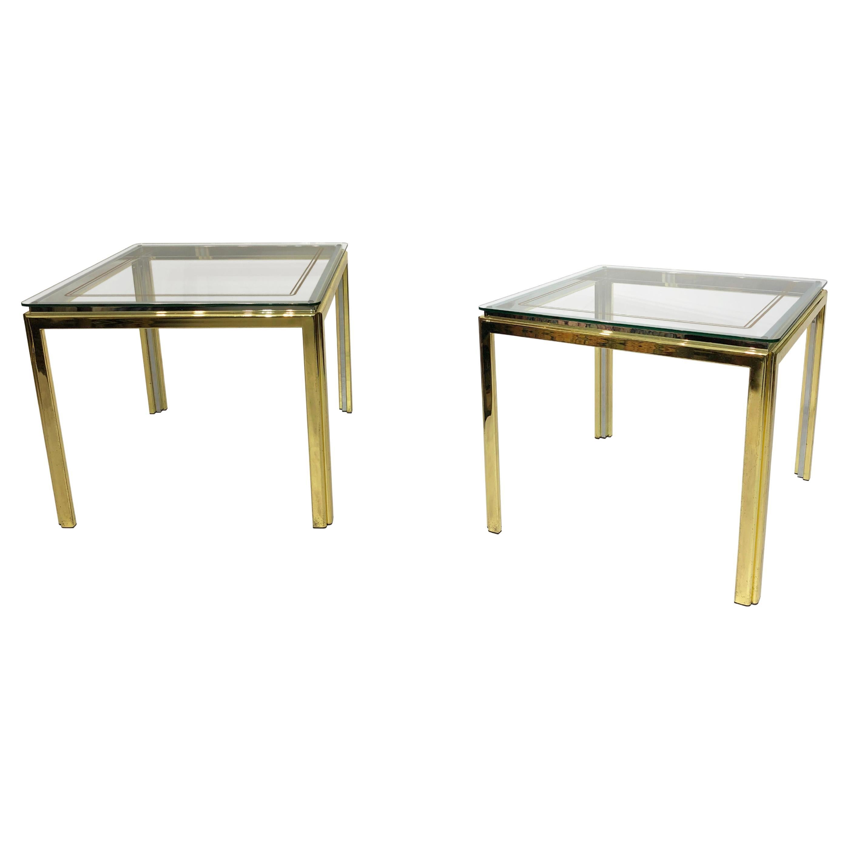 Pair of Side Brass Glass Chrome Tables Renato Zevi Style Hollywood Regency #2 For Sale