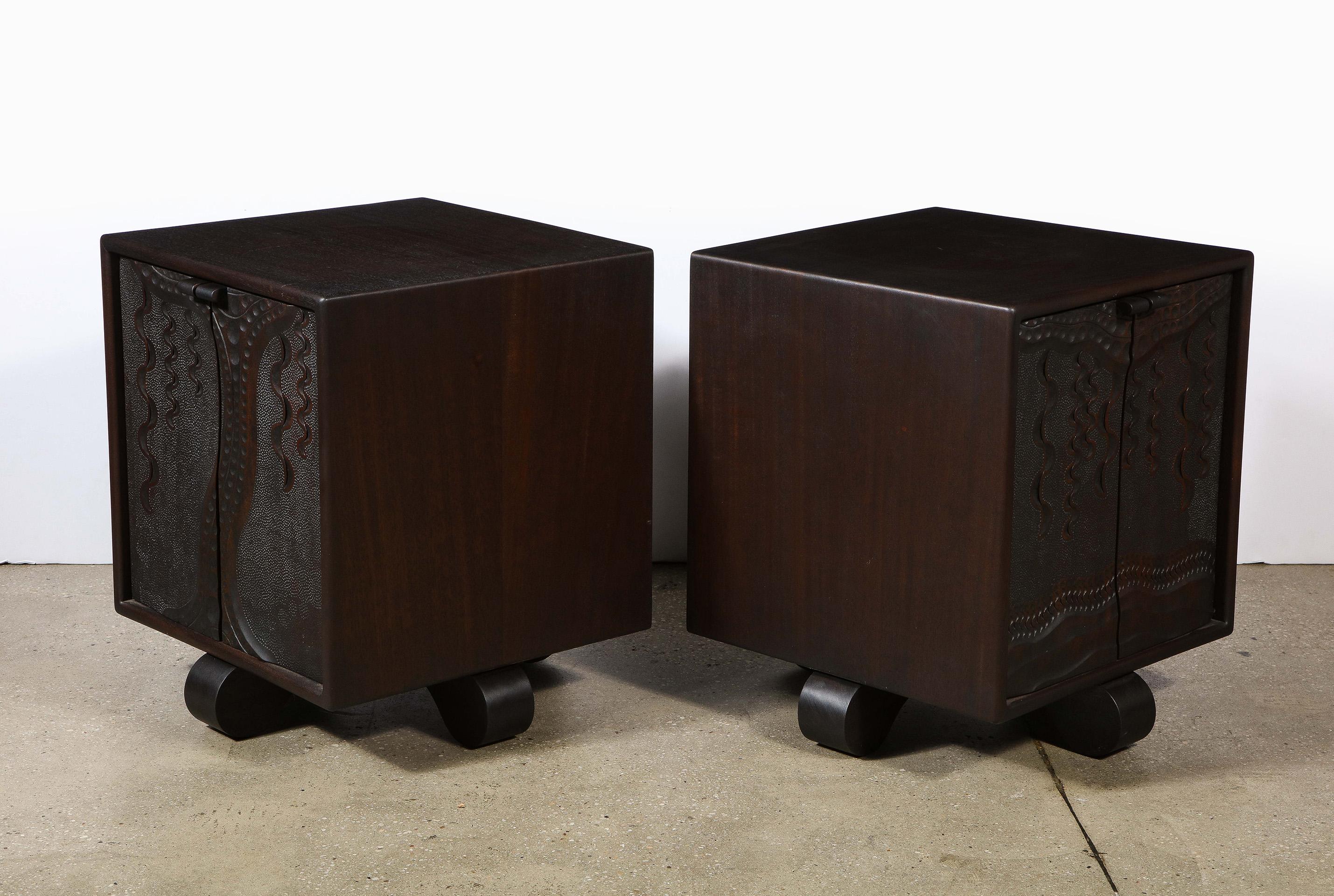 Hand-Carved Pair of Side Cabinets by Caleb Woodard