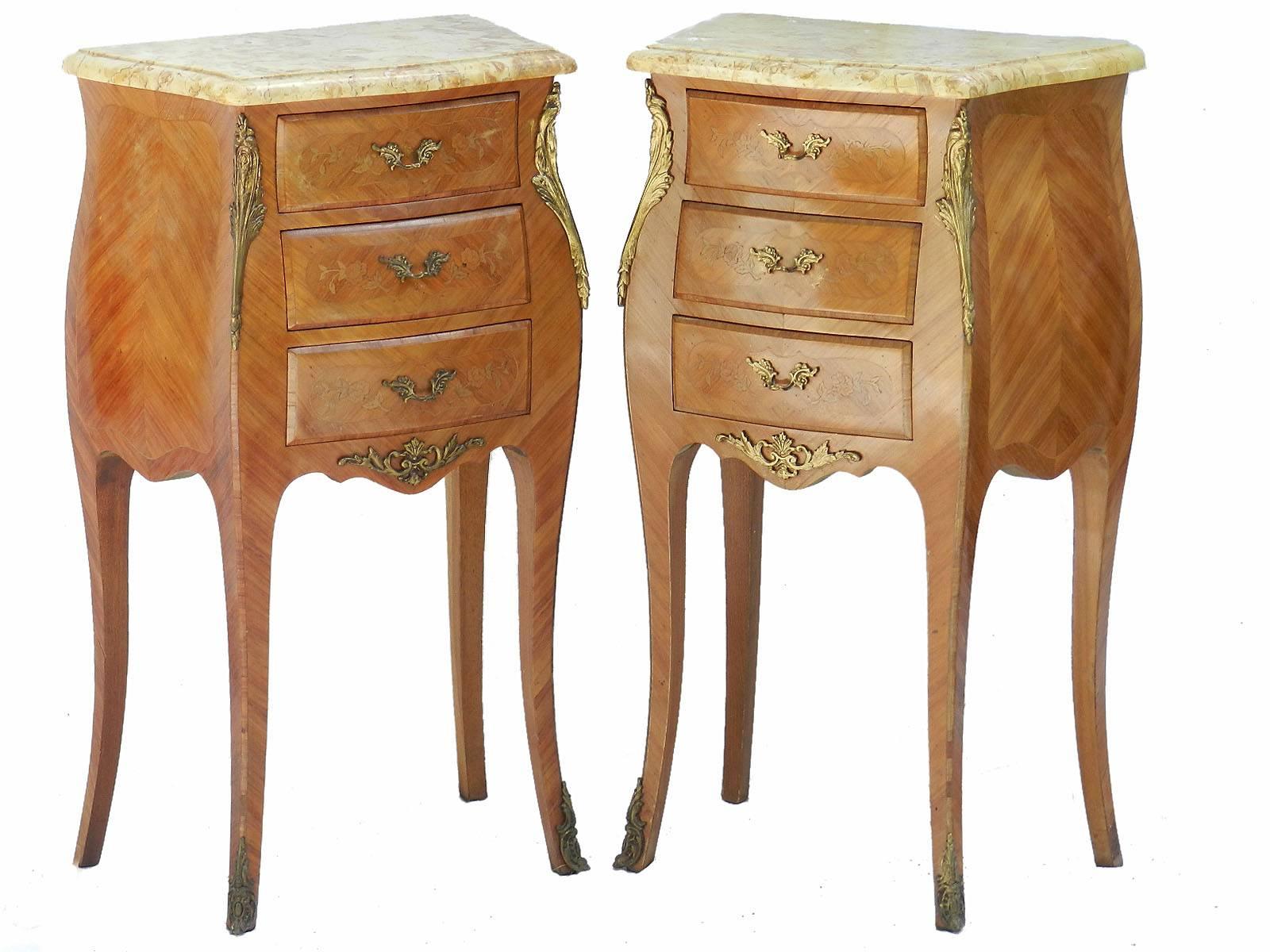 Pair of French tulipwood side cabinets French Louis XV revival
Nightstands bedside tables
Serpentine variegated marble tops
Ormolu
Floral decoration to the drawers
Very good condition for their age with only minor signs of use for their