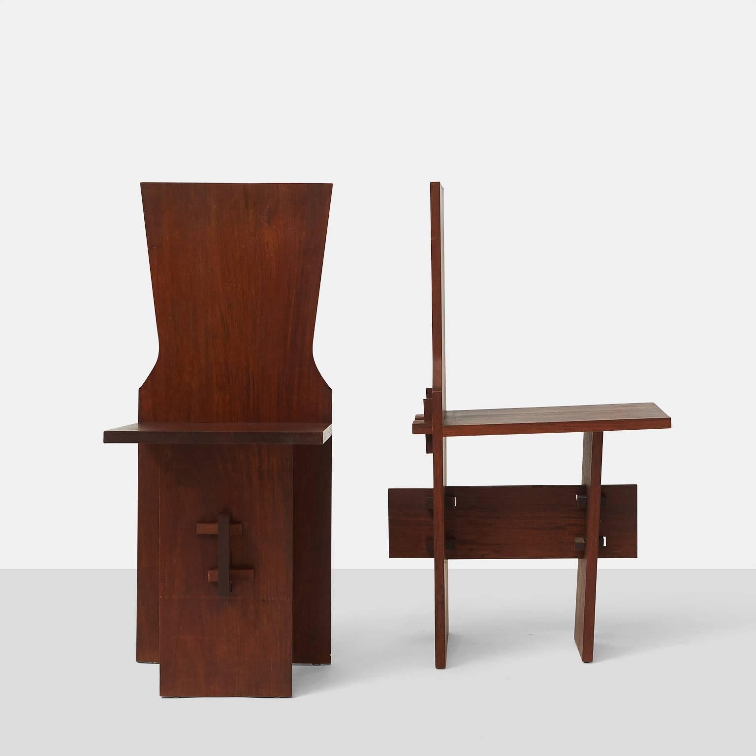 Pair of side chairs by Daniel B.H. Liebermann
A pair of side chairs with incredible detailing by Harvard trained architect Daniel B.H. Liebermann. The chairs have no glue, nails, nor tacks and are held together by the Japanese inspired joinery.
