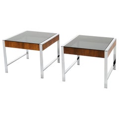 Pair of Side / End Tables in Chrome, Smoked Glass, and Walnut