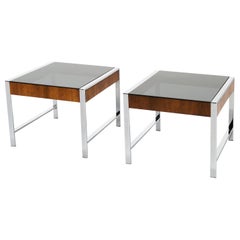 Vintage Pair of Side / End Tables in Chrome, Smoked Glass, and Walnut