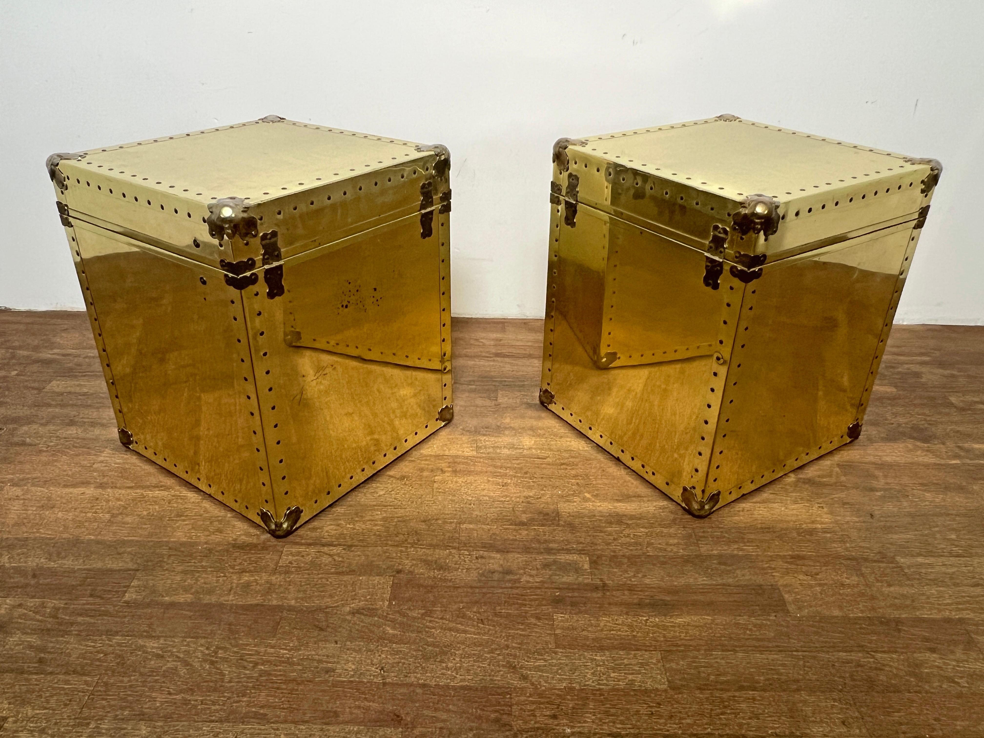 Pair of Side Table Brass Clad Trunks In The Style Of  Sarreid Circa 1970s For Sale 8