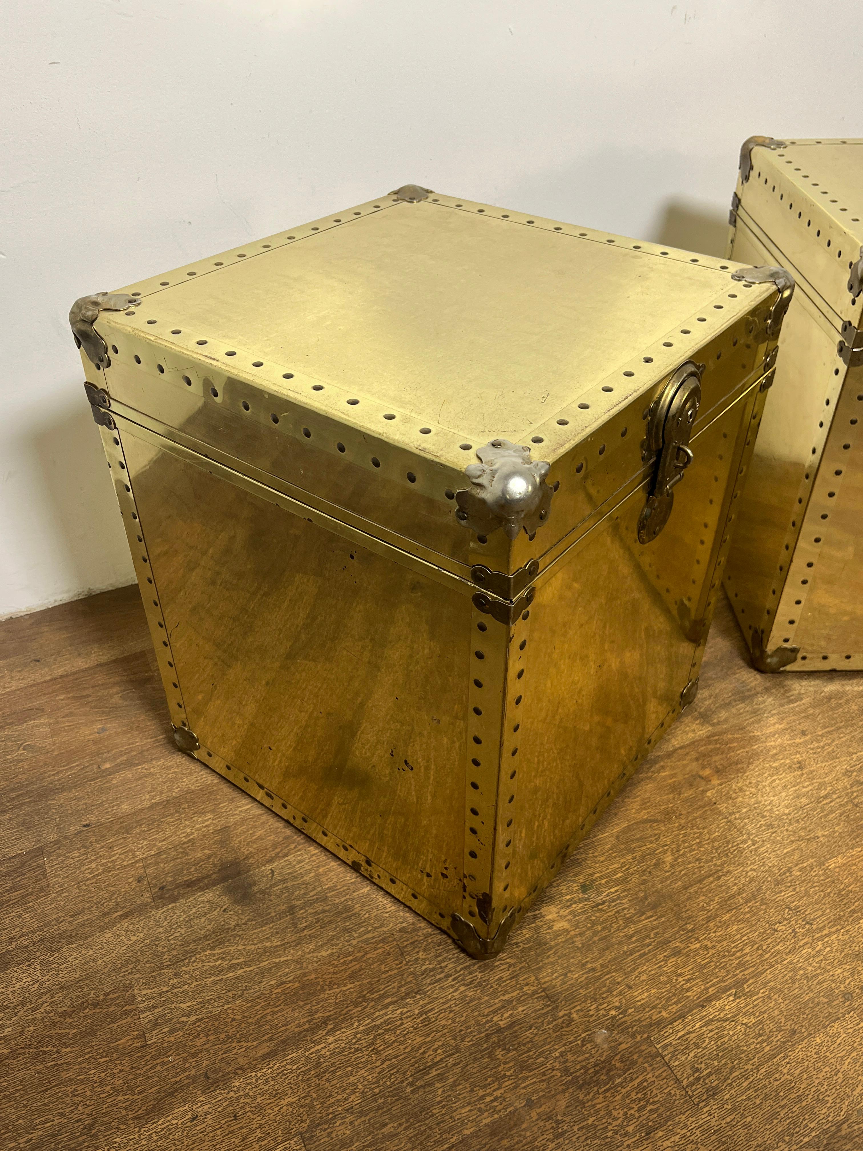 American Pair of Side Table Brass Clad Trunks In The Style Of  Sarreid Circa 1970s For Sale