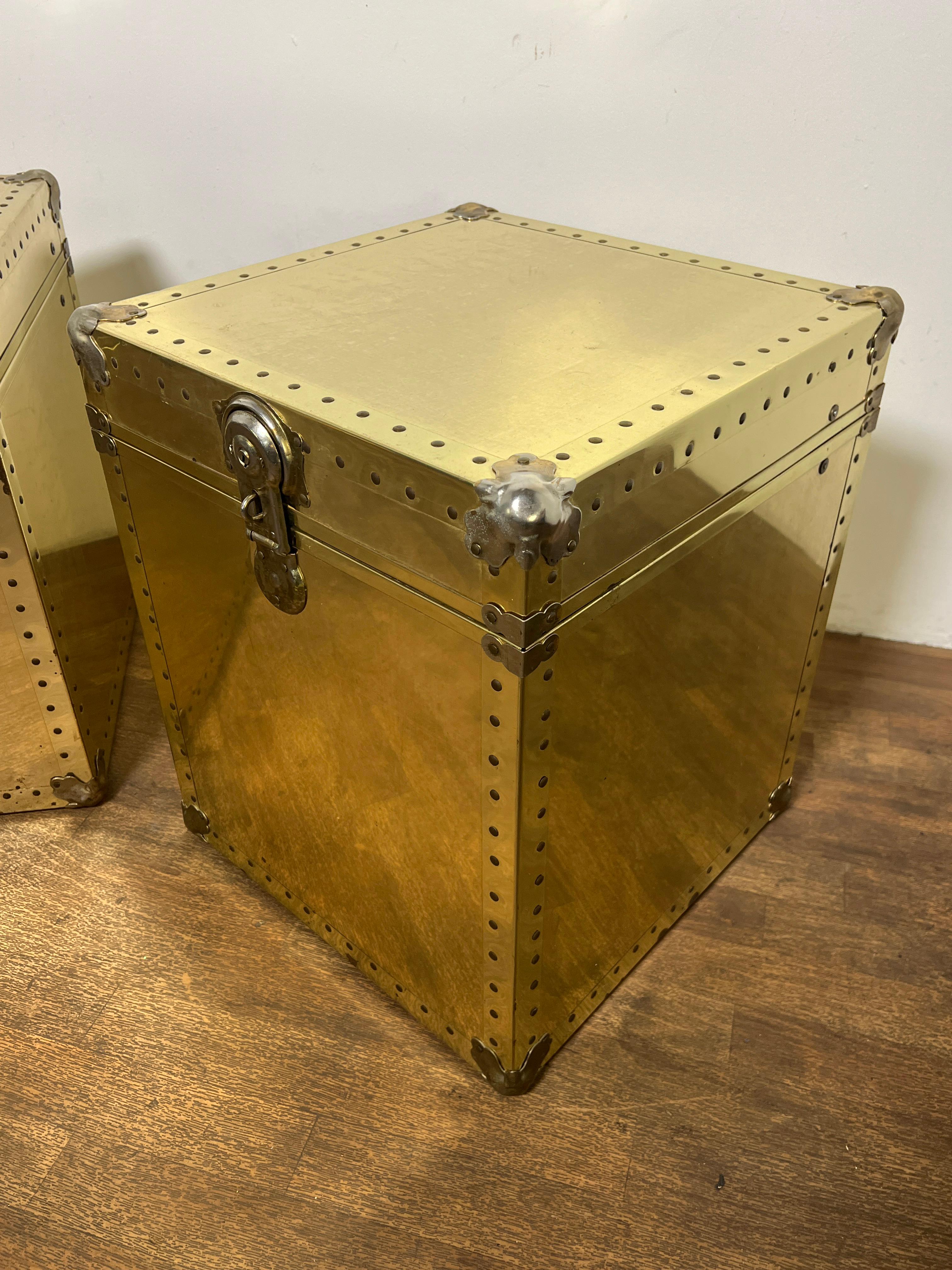 Pair of Side Table Brass Clad Trunks In The Style Of  Sarreid Circa 1970s In Good Condition For Sale In Peabody, MA