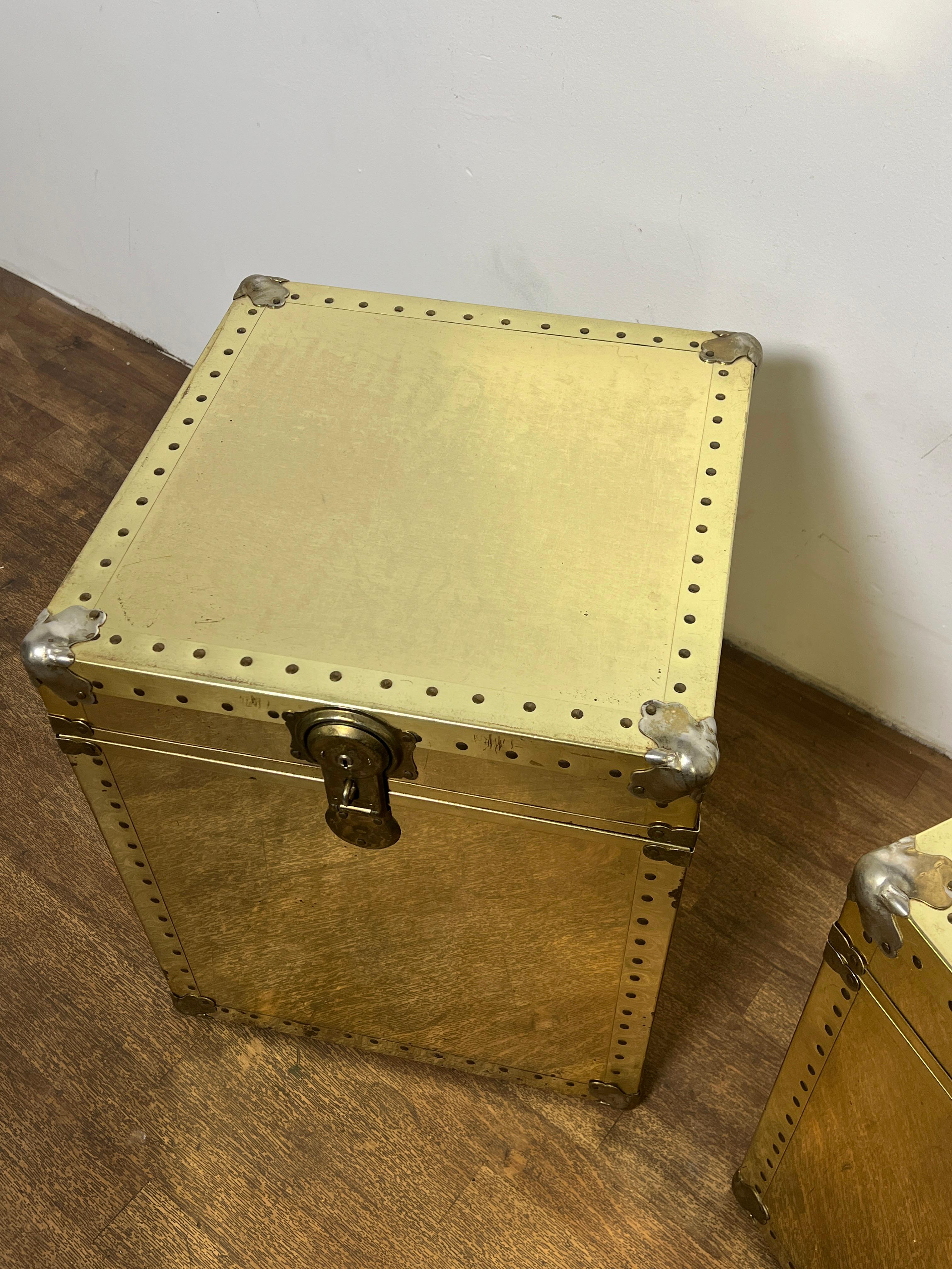 Late 20th Century Pair of Side Table Brass Clad Trunks In The Style Of  Sarreid Circa 1970s For Sale