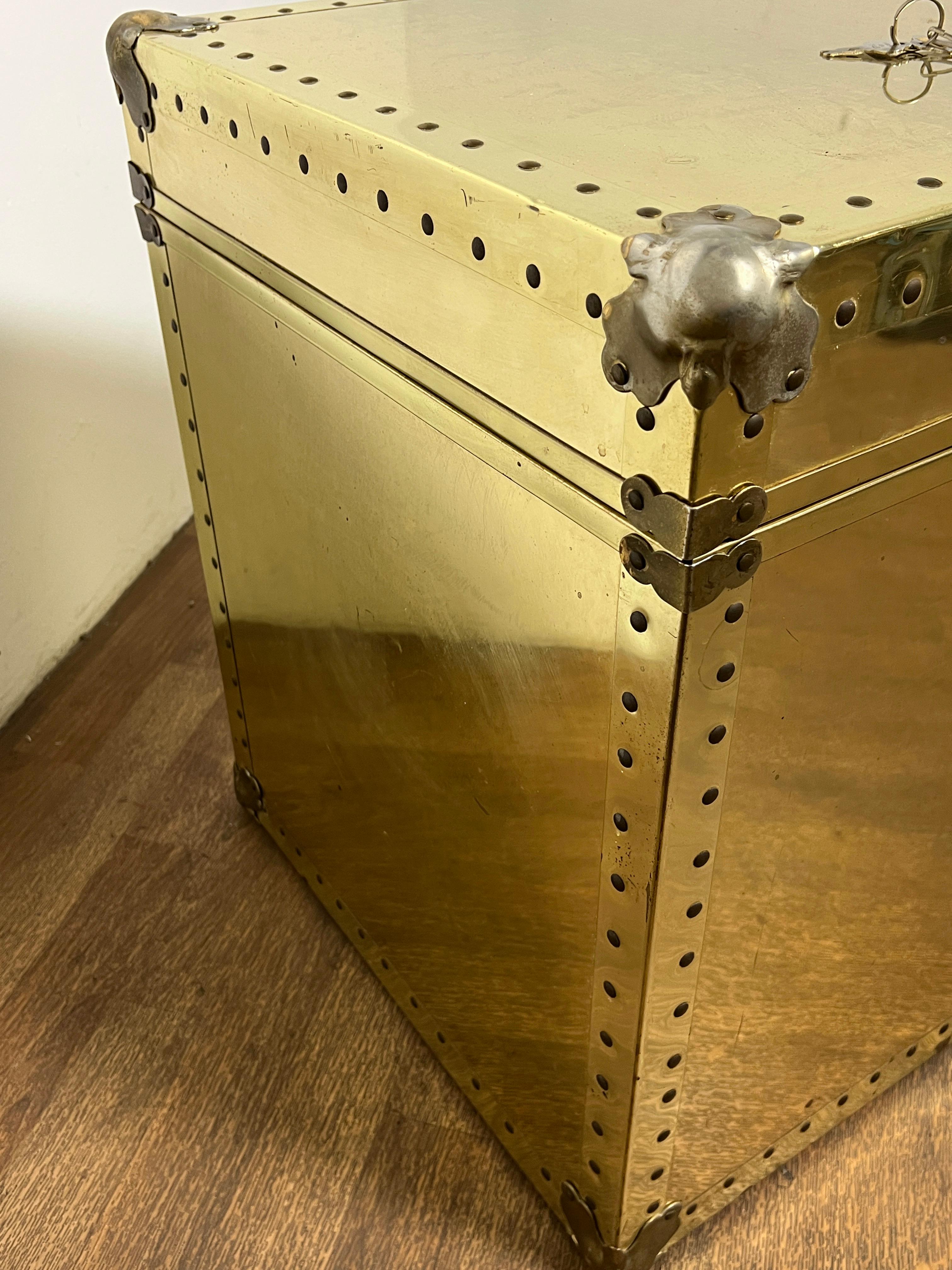 Pair of Side Table Brass Clad Trunks In The Style Of  Sarreid Circa 1970s For Sale 3