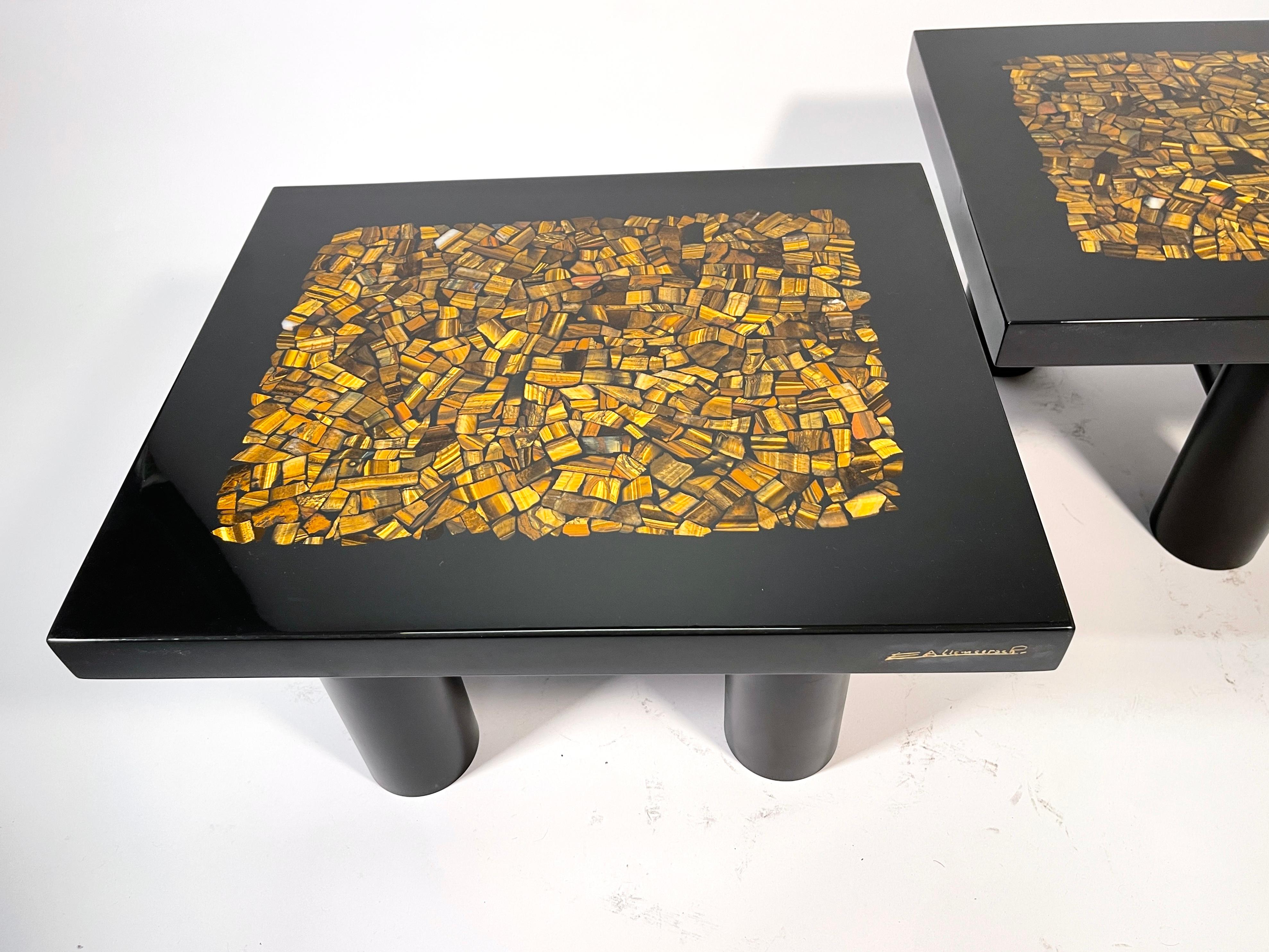 Pair of Side Table by E. Allemeersch Black Resin Inlay Tiger Eyes For Sale 5