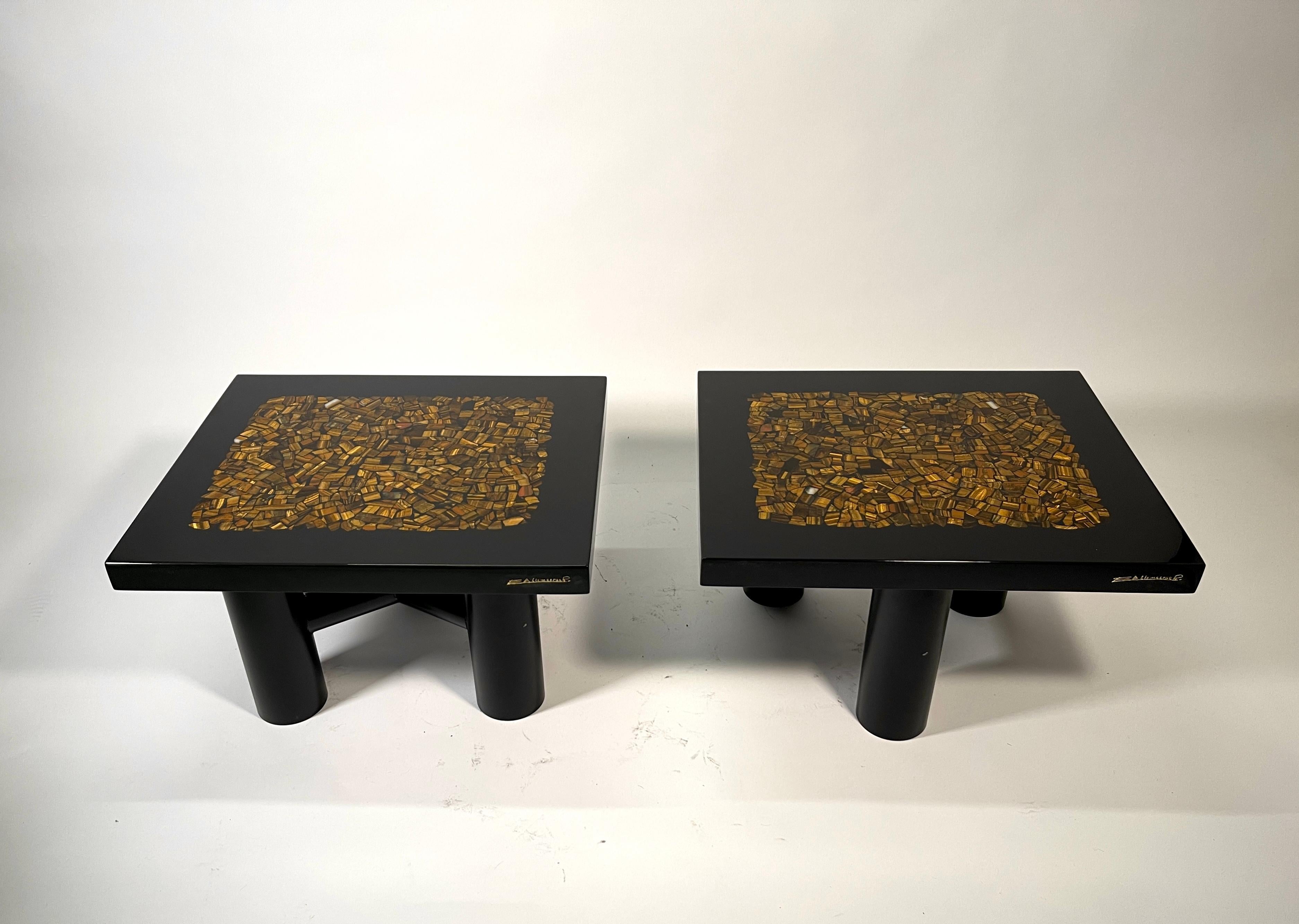 Pair of side table by E. Allemeersch black resin inlay tiger eyes, mosaic in tiger eyes, signed by the artist, circa 1980. base in black metal.