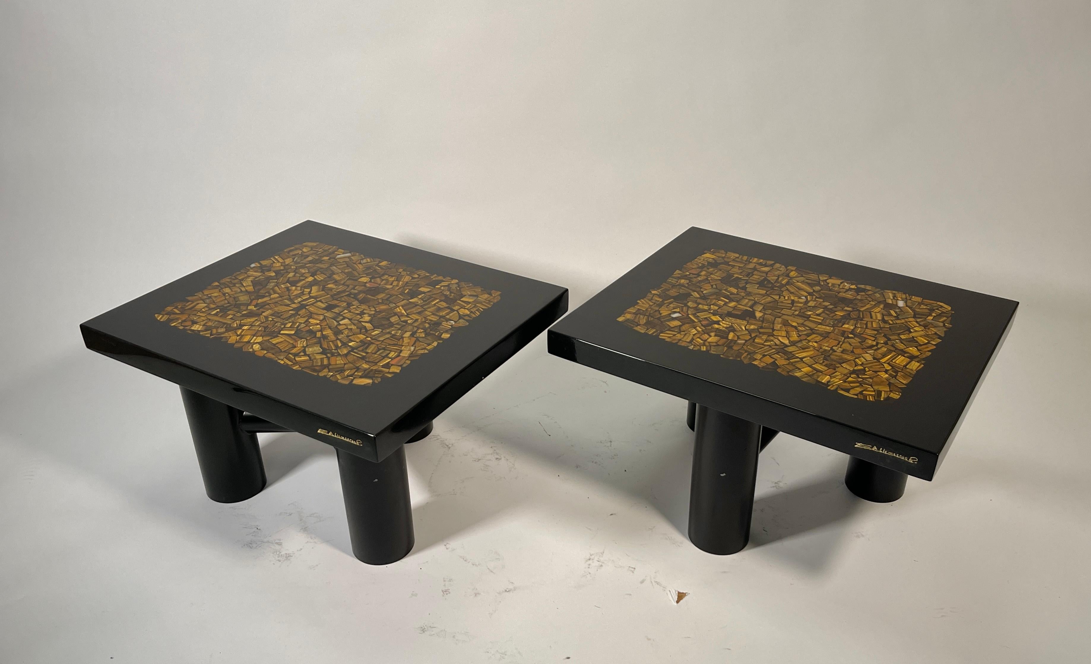 Pair of Side Table by E. Allemeersch Black Resin Inlay Tiger Eyes In Good Condition For Sale In Brussels, BE