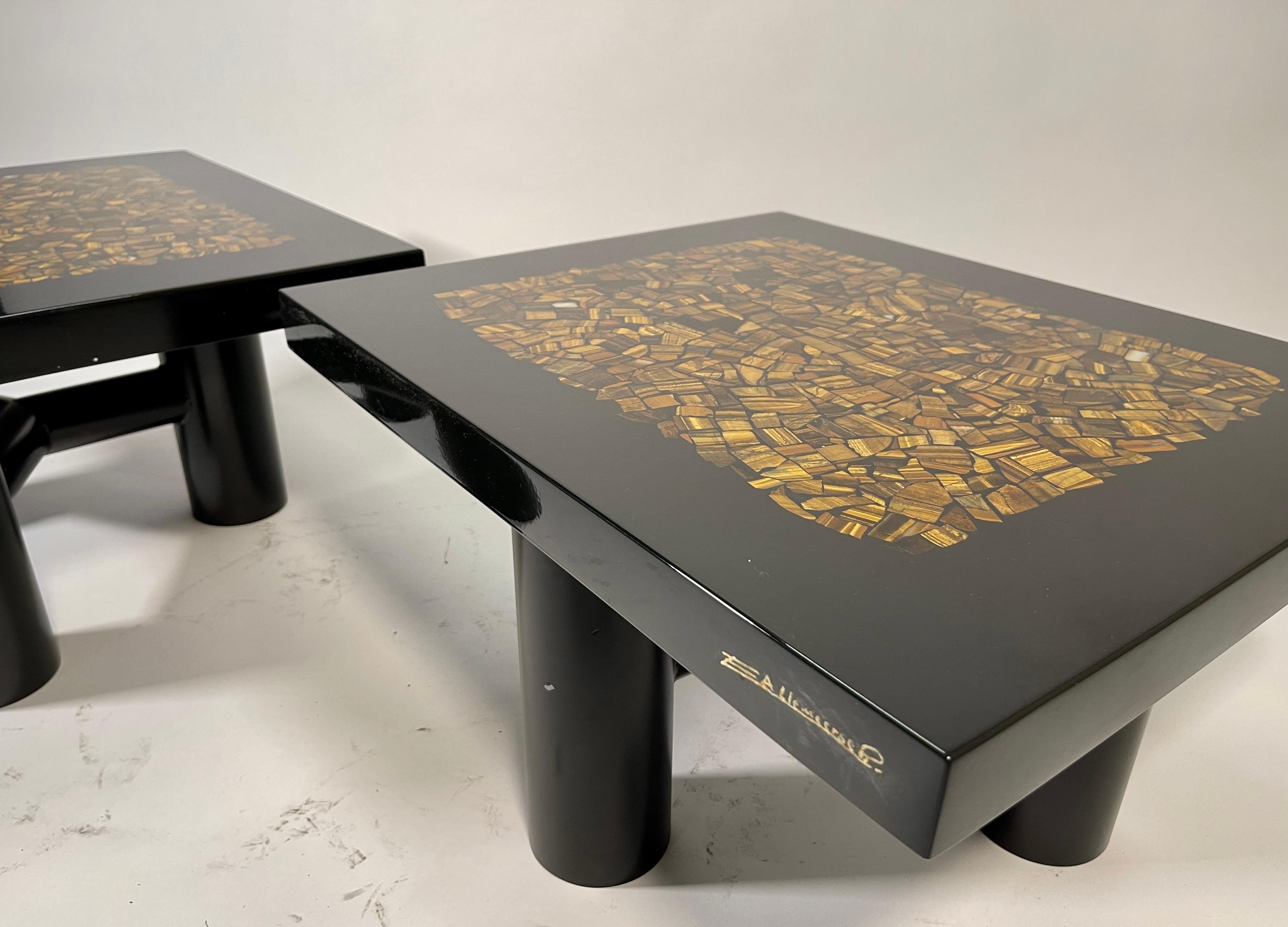 Late 20th Century Pair of Side Table by E. Allemeersch Black Resin Inlay Tiger Eyes For Sale