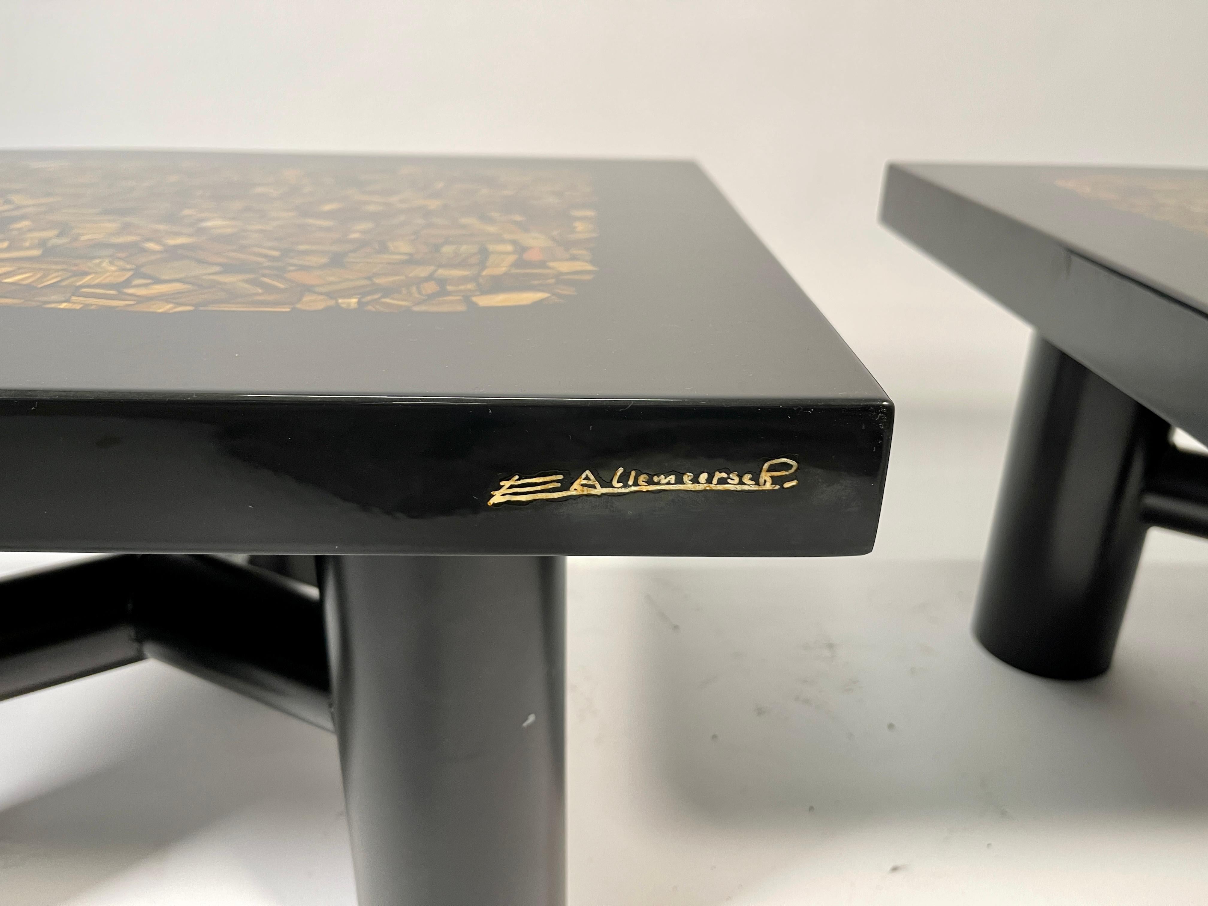 Pair of Side Table by E. Allemeersch Black Resin Inlay Tiger Eyes For Sale 1