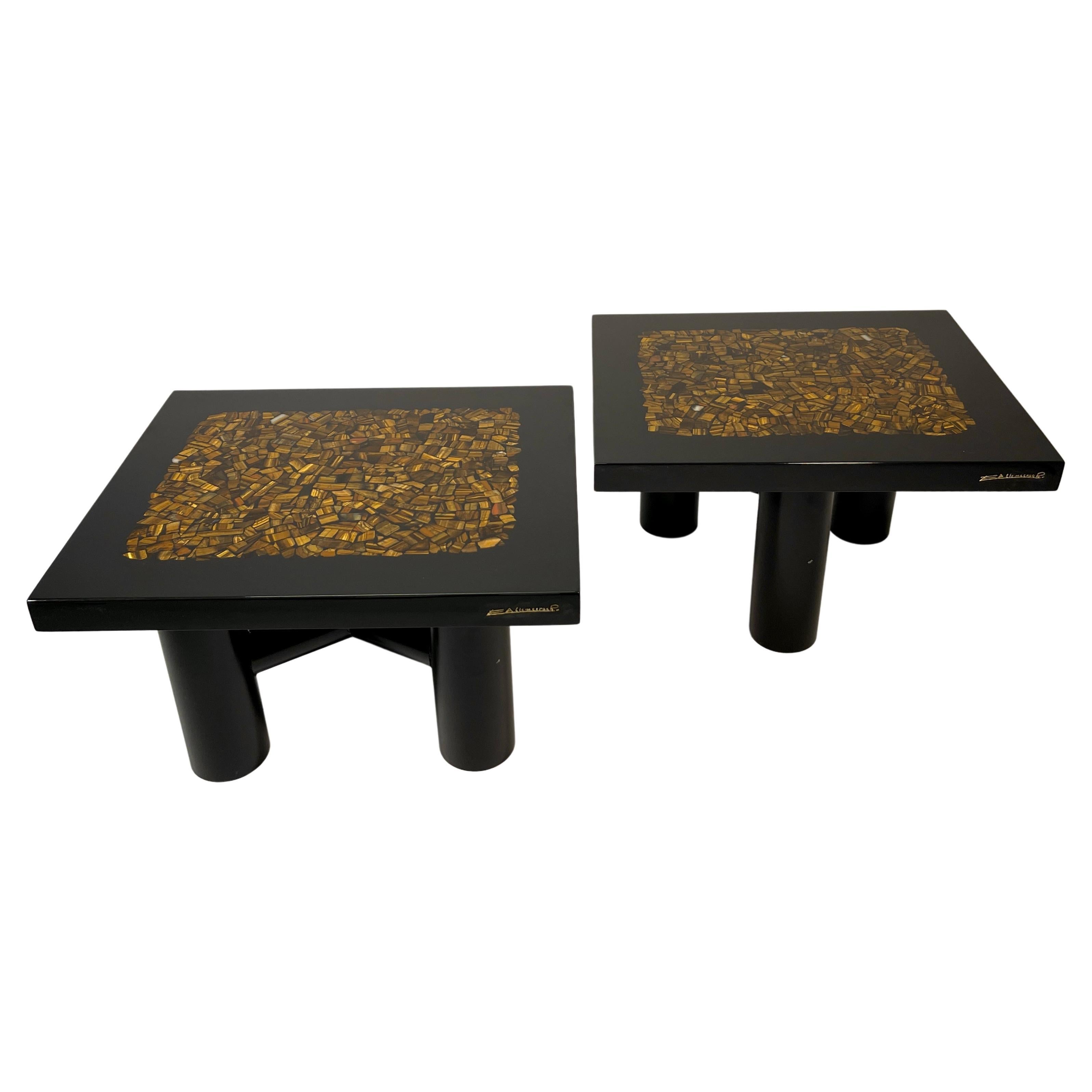 Pair of Side Table by E. Allemeersch Black Resin Inlay Tiger Eyes For Sale