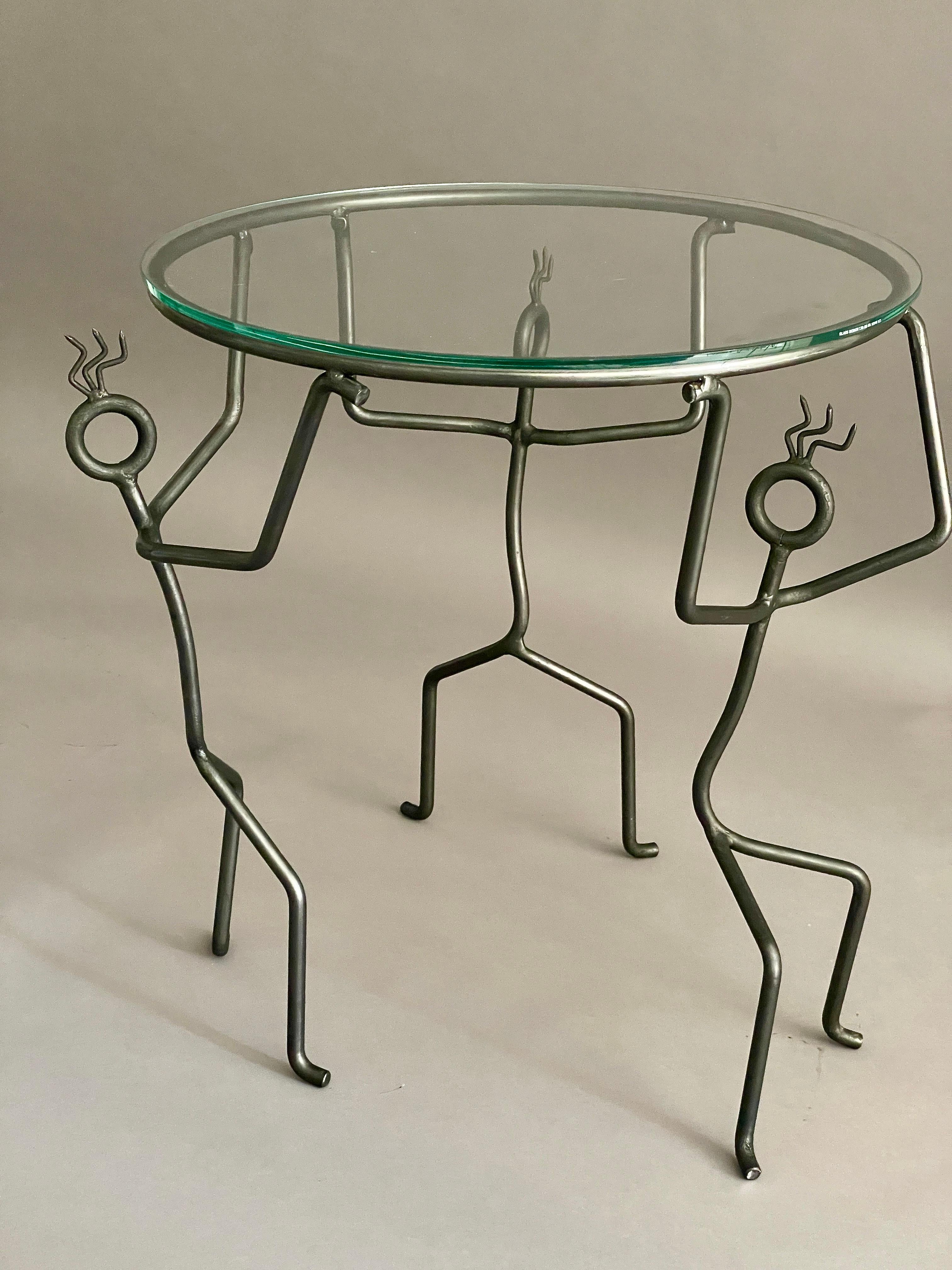 Pair of bedside table or end of sofa in wrought iron and glass