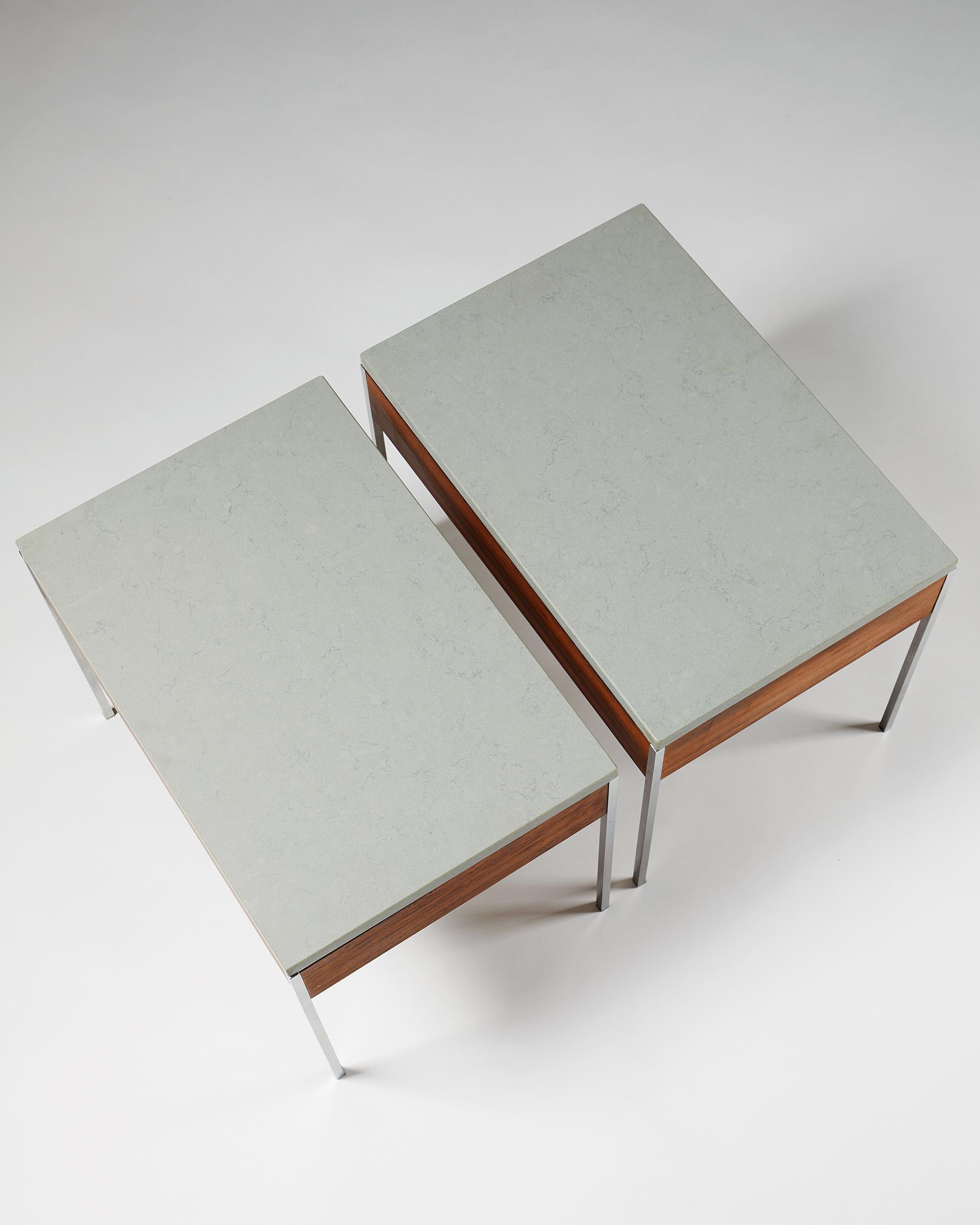Pair of side table designed by Uno & Östen Kristiansson for Luxus,
Sweden. 1960's.

Rosewood with limestone top.

Measurements:
H: 42 cm / 1' 4