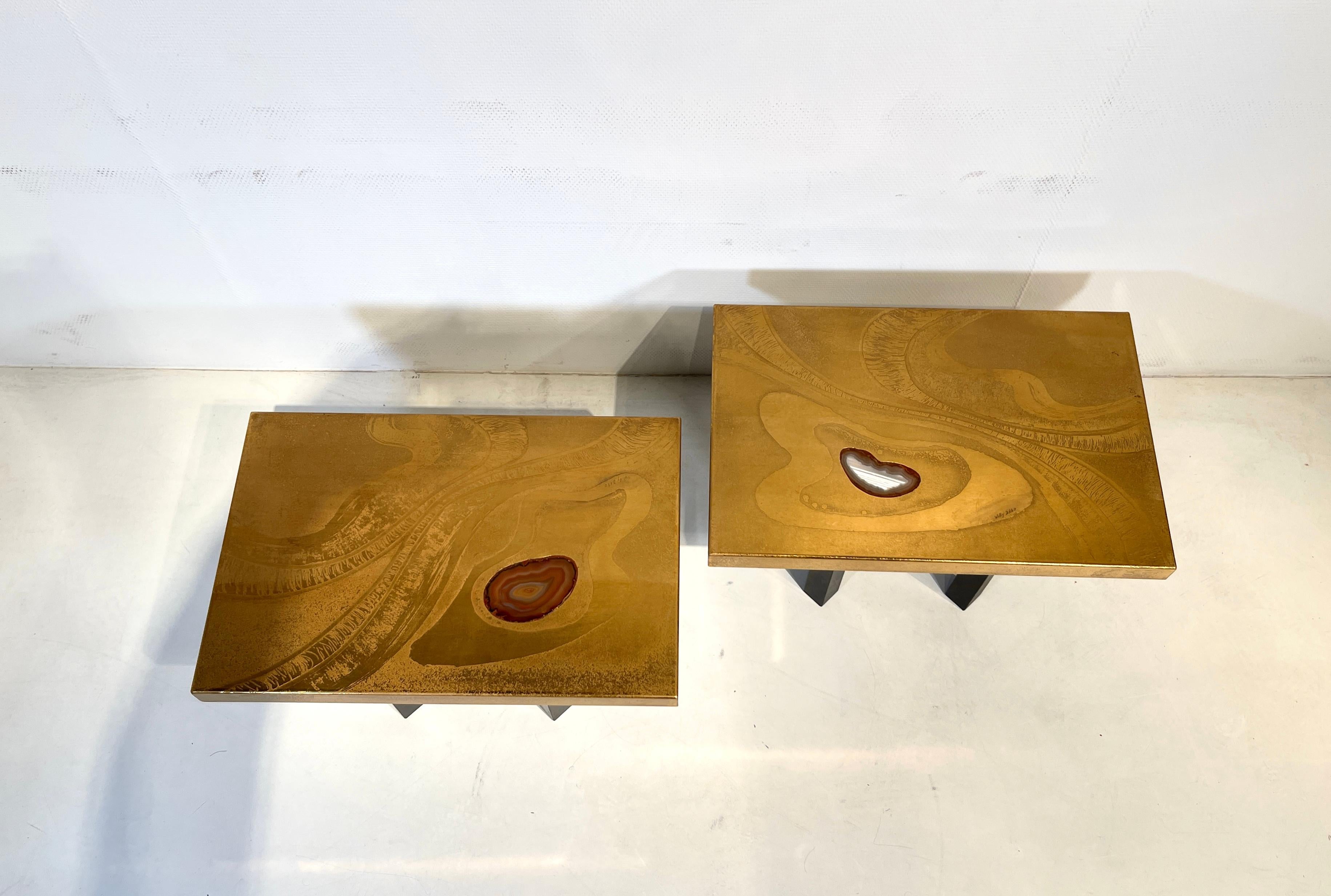 Pair of side table etched brass inlay Agate by and signed Willy Daro, Belgium, circa 1970. In perfect condition, base in black steel, new polish and new varnish.