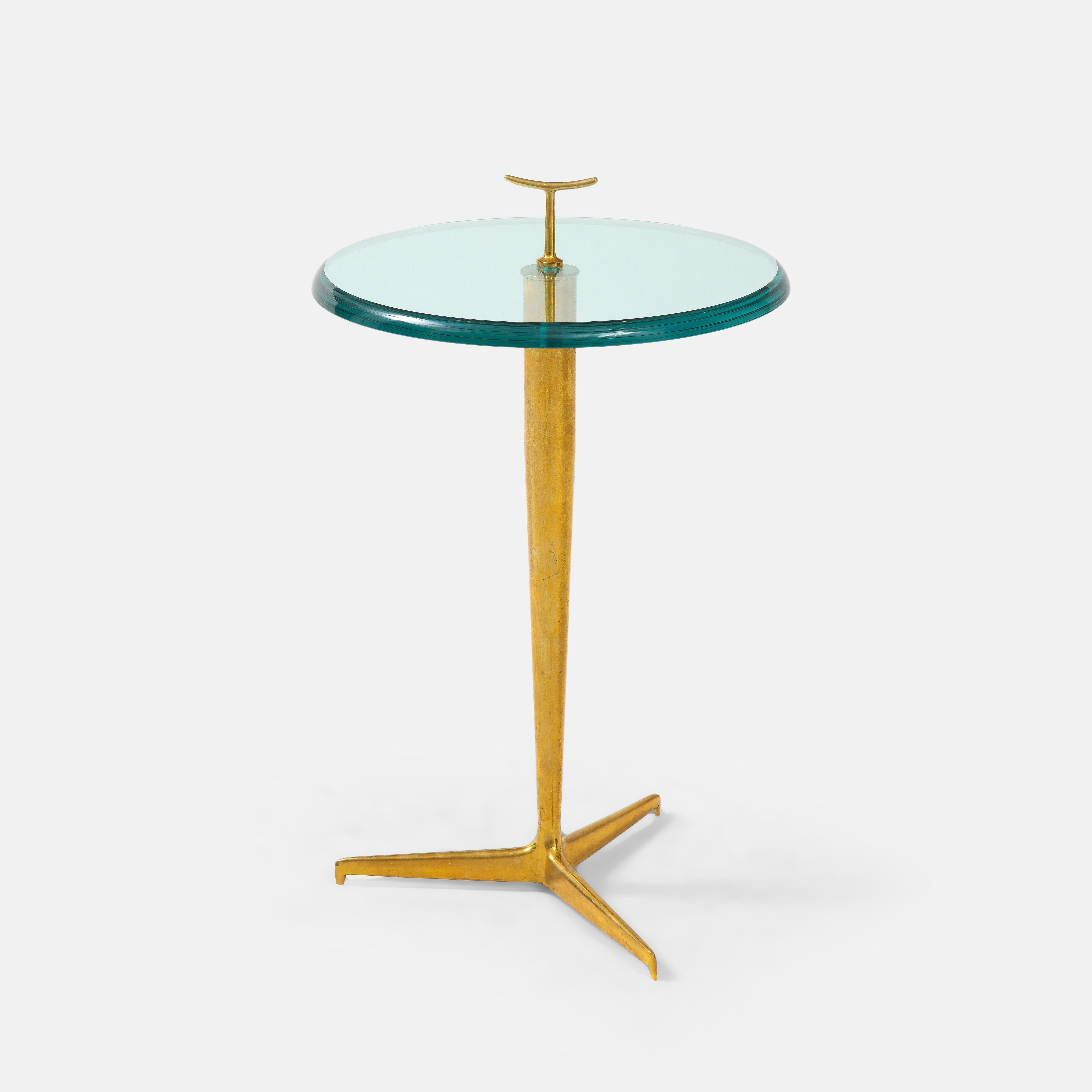 Patinated Contemporary Italian Pair of Side Tables in Glass and Brass For Sale