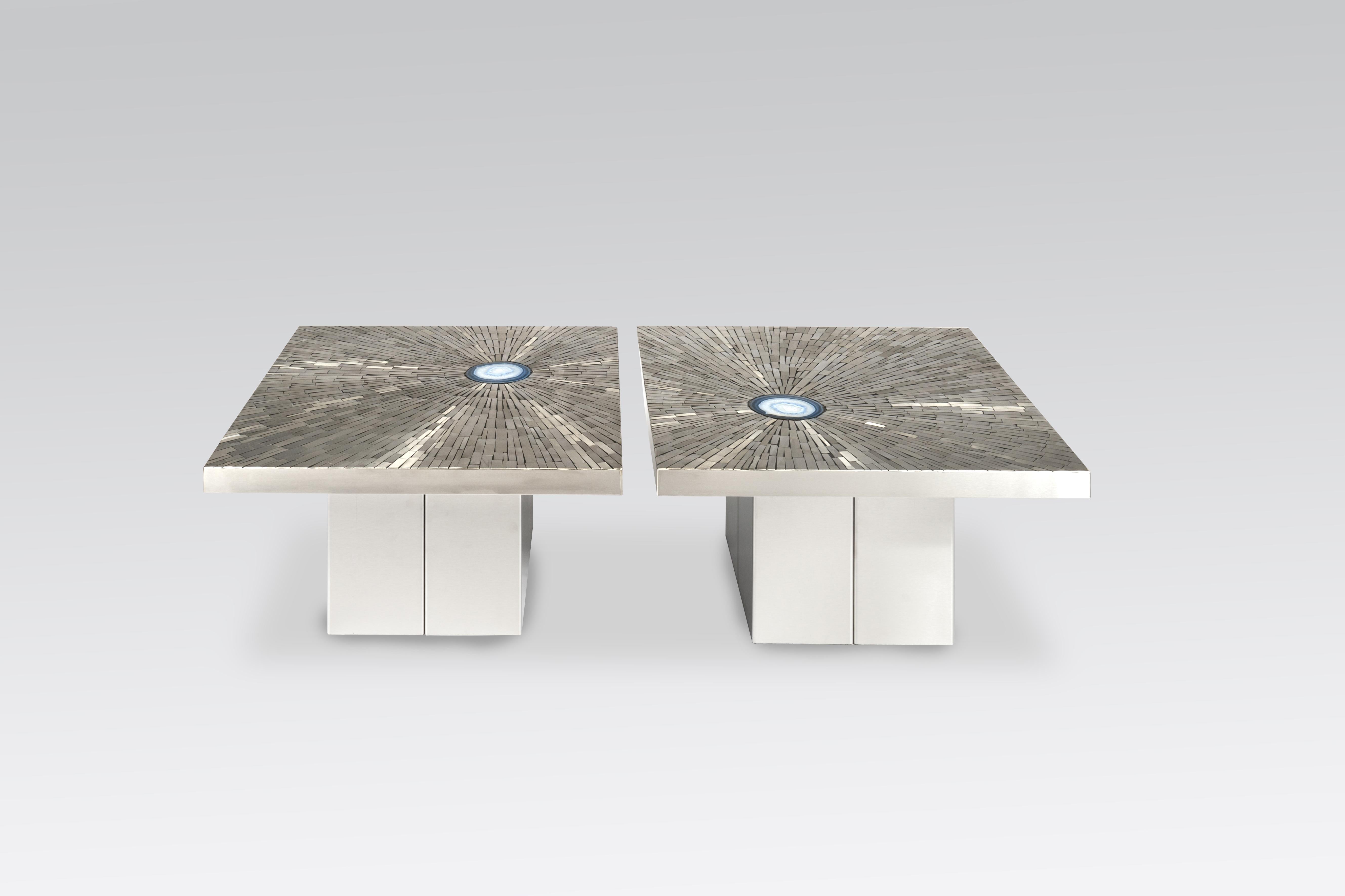 Created to measure by Stan Usel, this pair of side table in mosaic stainless steel and blue agates gemstone. Form Exceptional craftsmanship with the art of tailor made furniture. This original and unique pieces are signed by the artist and comes