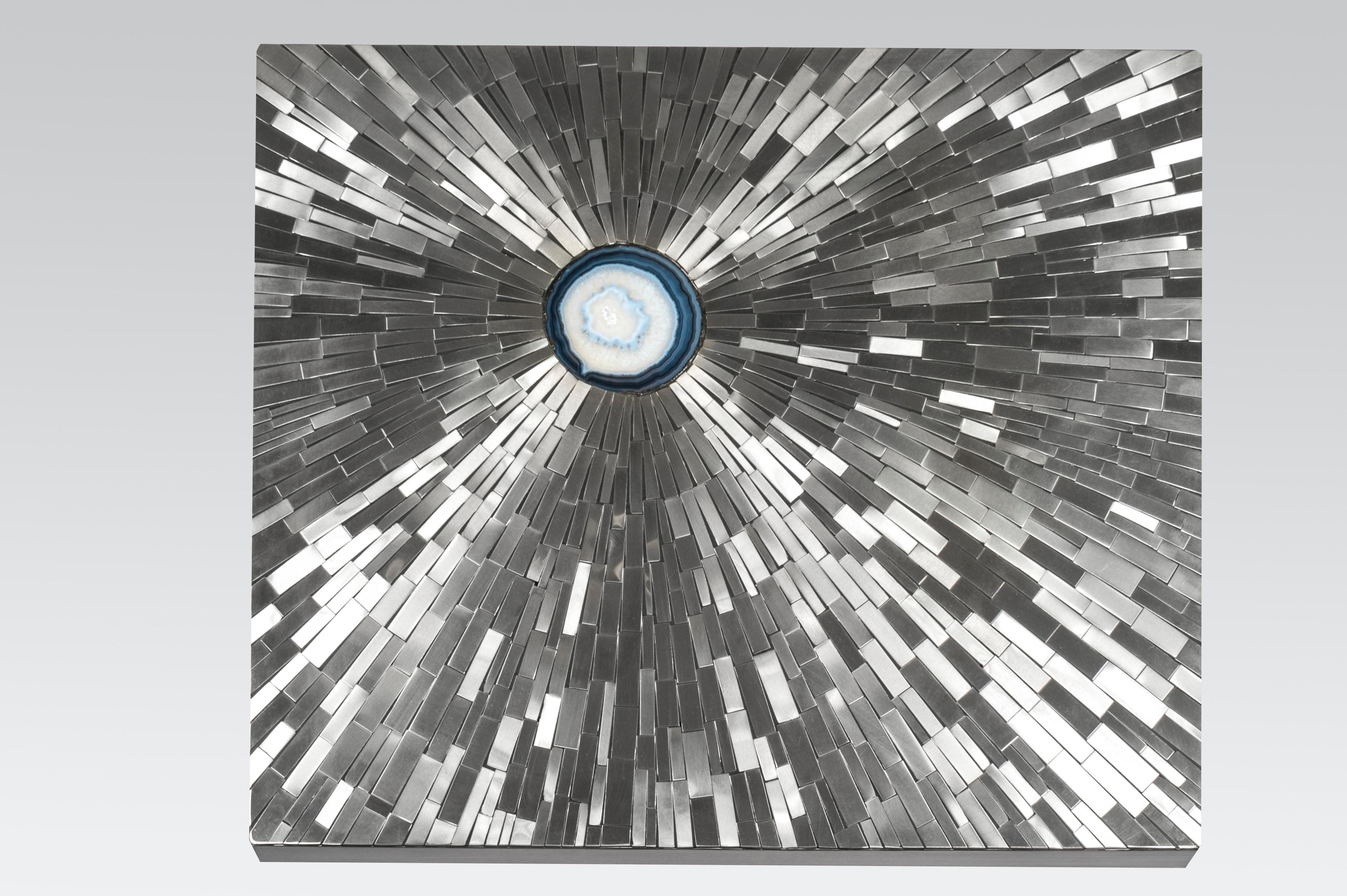 Belgian Pair of Side Table in Stainless Steel Mosaic Inlay Agates by Stan Usel