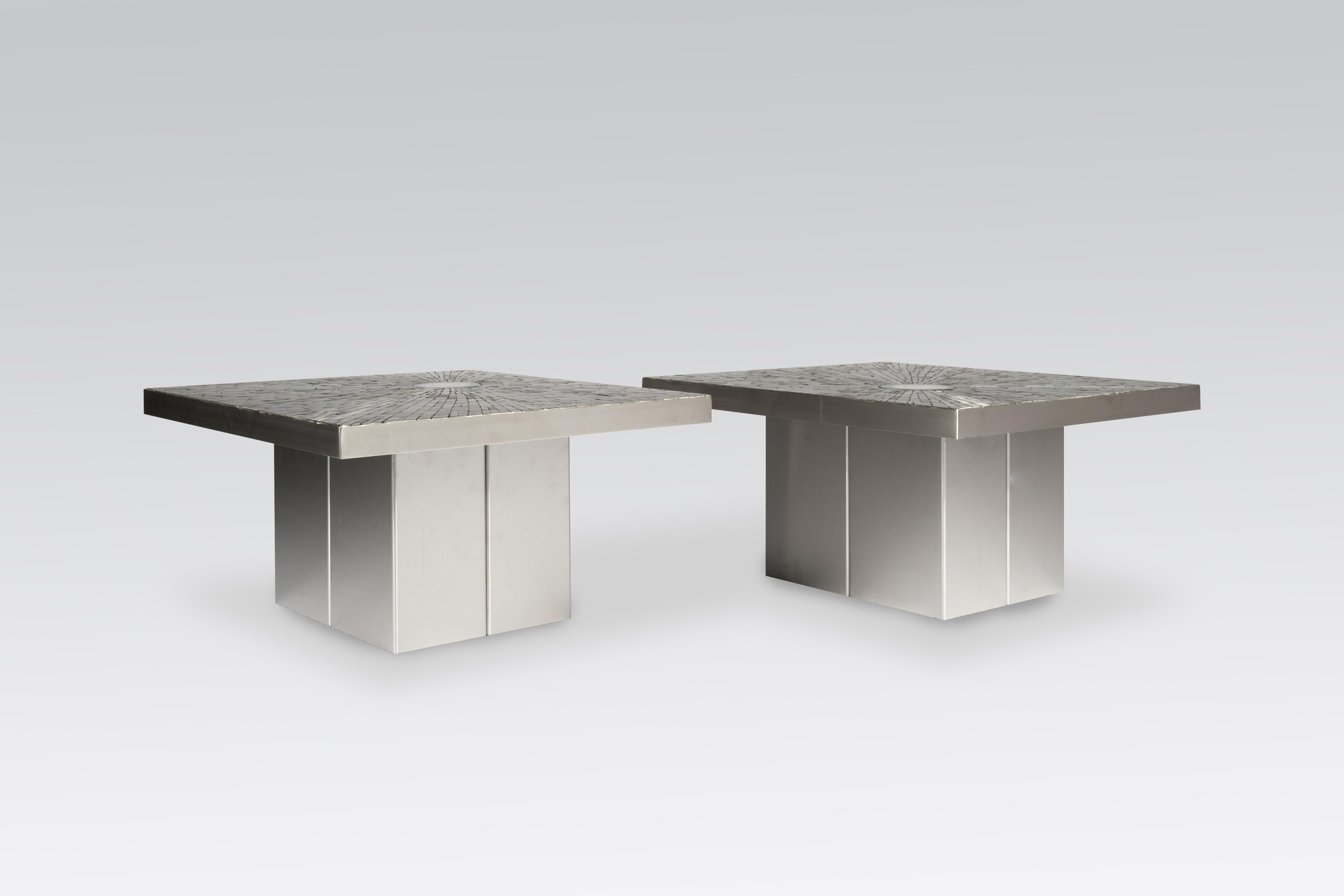 Pair of Side Table in Stainless Steel Mosaic Inlay Agates by Stan Usel 1