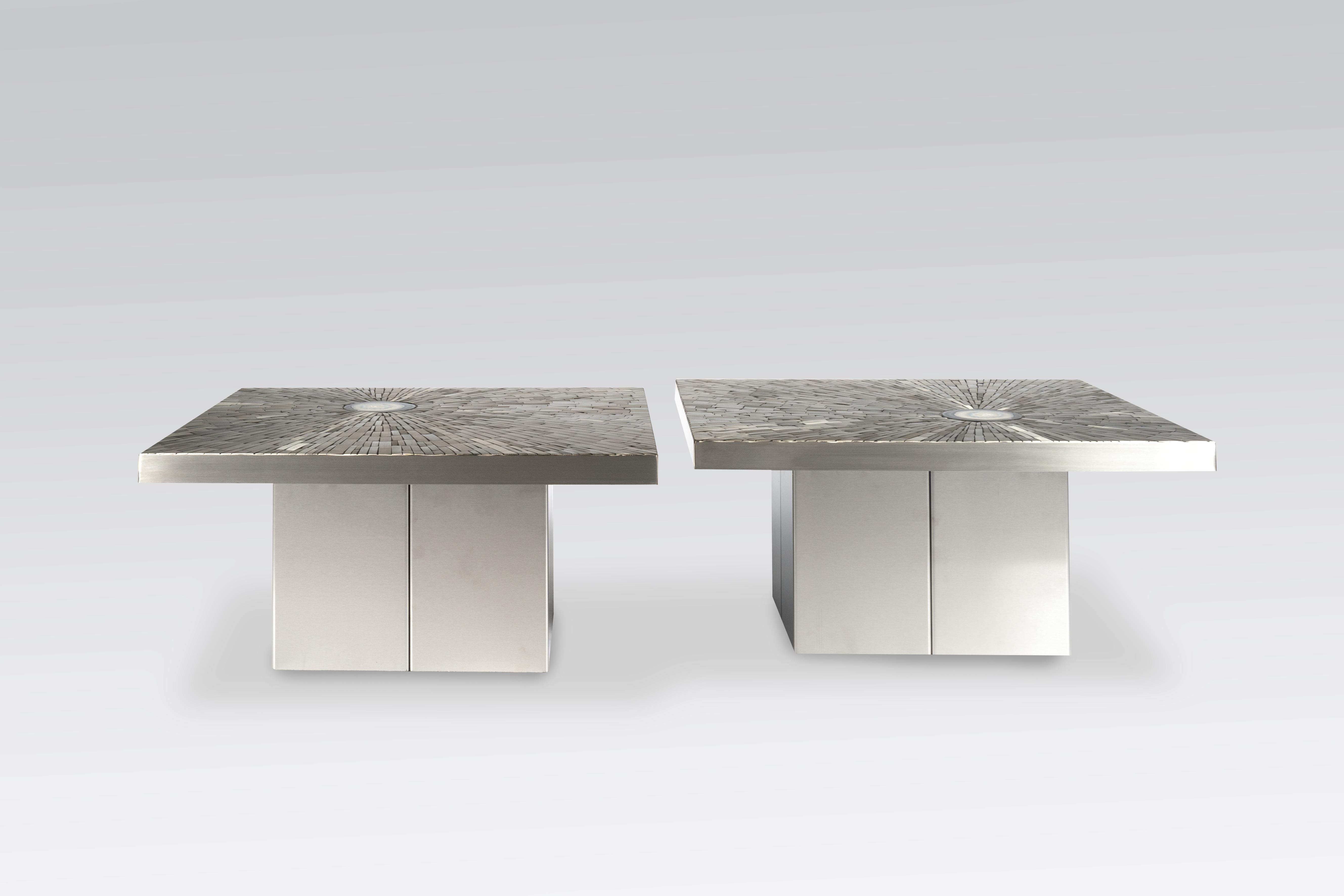Pair of Side Table in Stainless Steel Mosaic Inlay Agates by Stan Usel 2