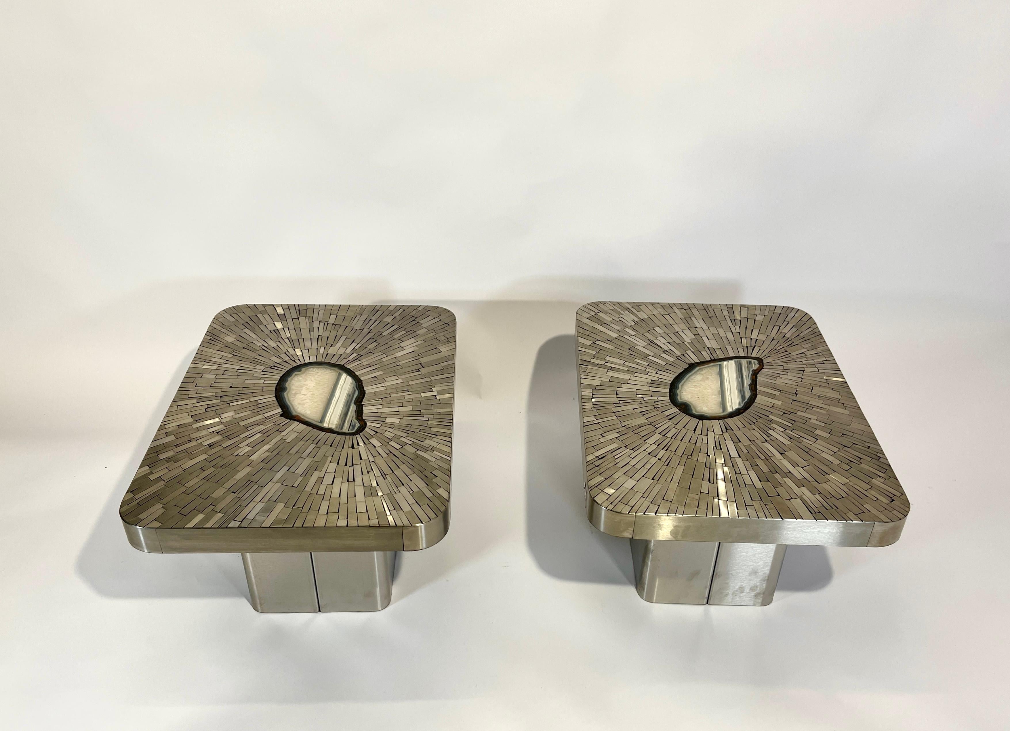 Pair of Side Table mosaic stainless steel and agate by Stan Usel For Sale 2