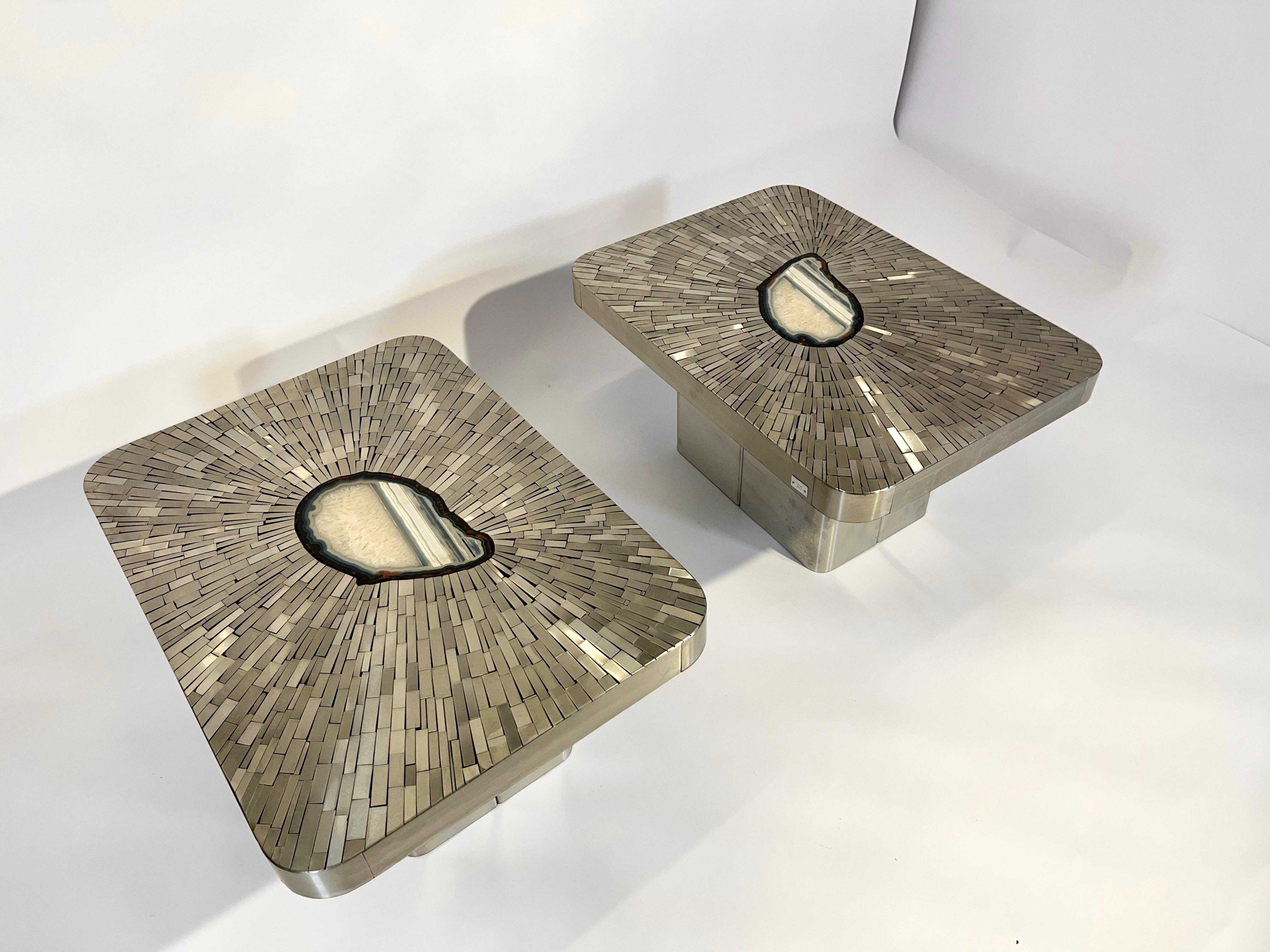 Pair of Side Table mosaic stainless steel and agate by Stan Usel For Sale 3