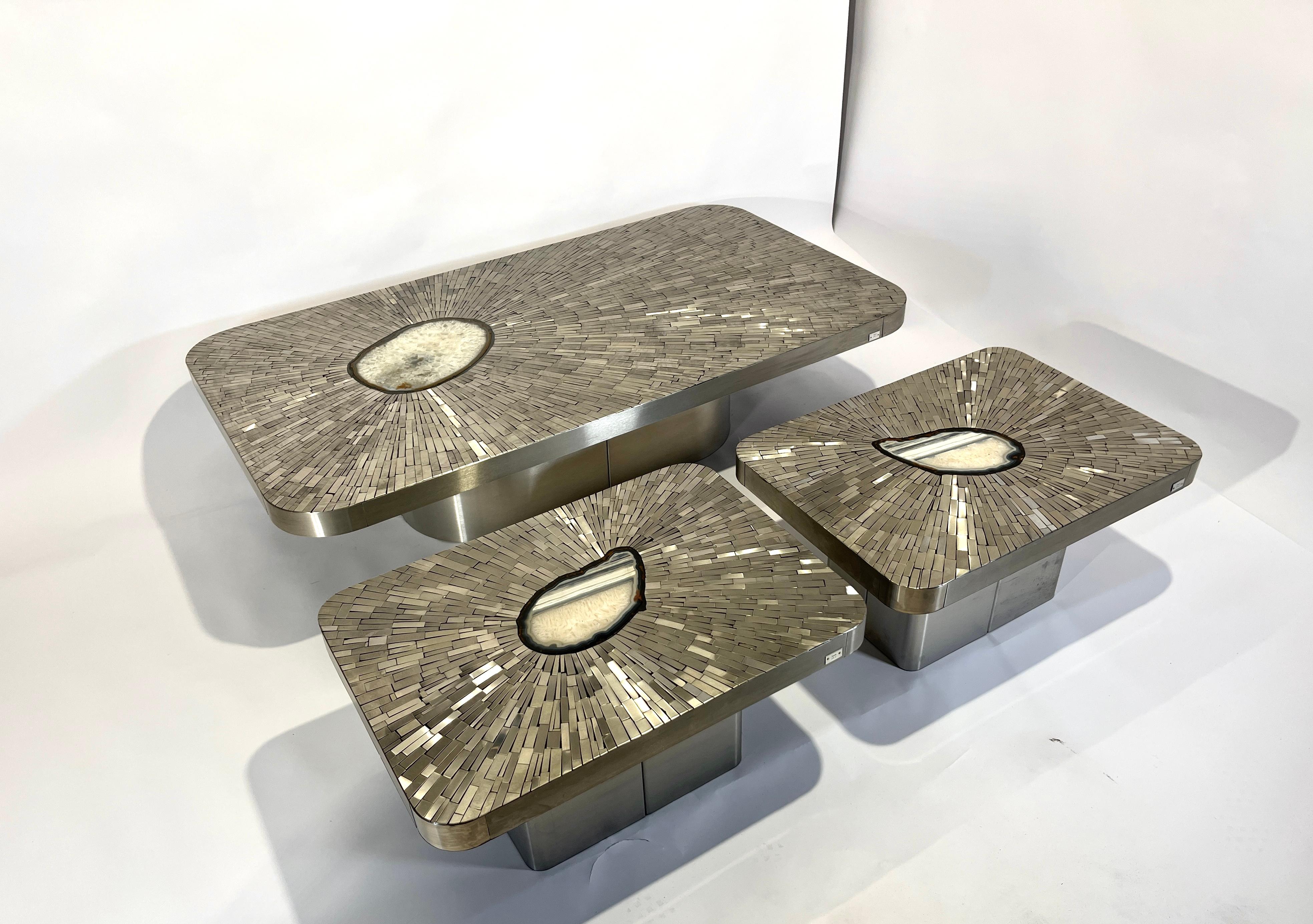Pair of Side Table mosaic stainless steel and agate by Stan Usel For Sale 4