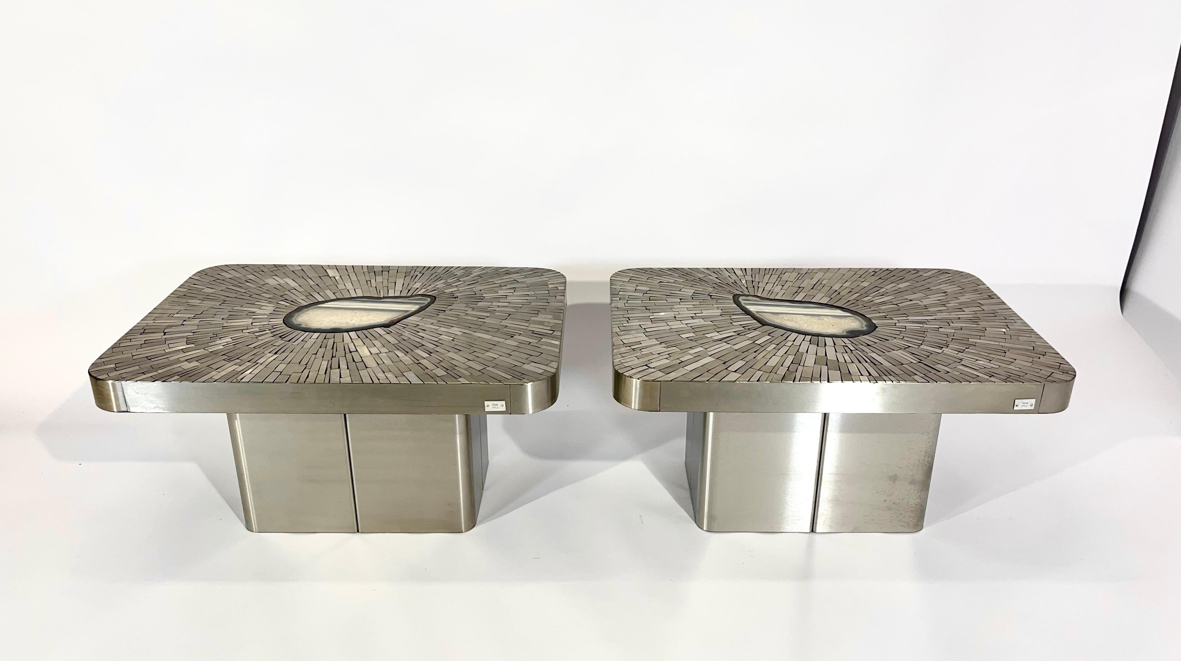 Mid-Century Modern Pair of Side Table mosaic stainless steel and agate by Stan Usel For Sale