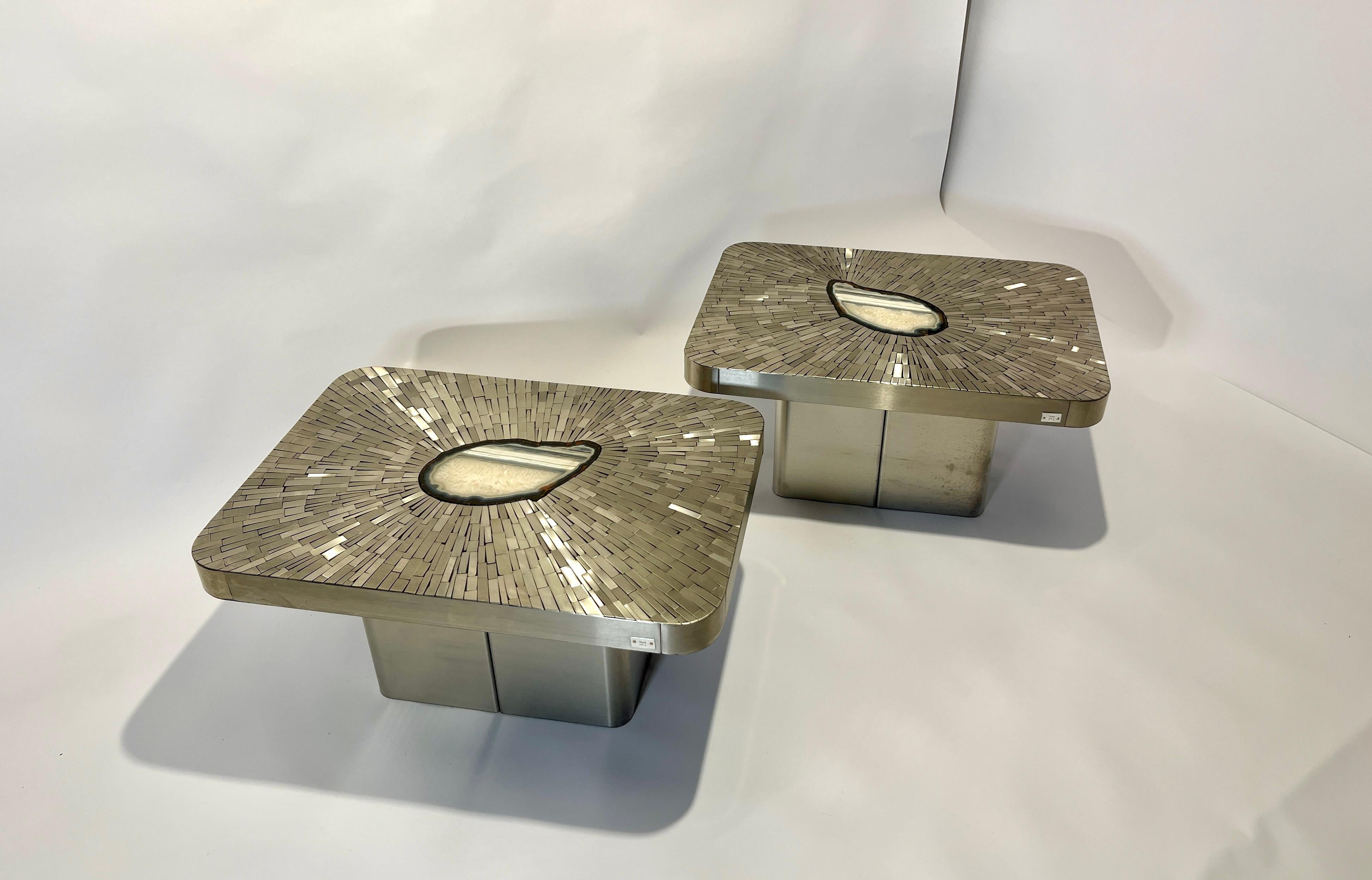 Mosaic Pair of Side Table mosaic stainless steel and agate by Stan Usel For Sale