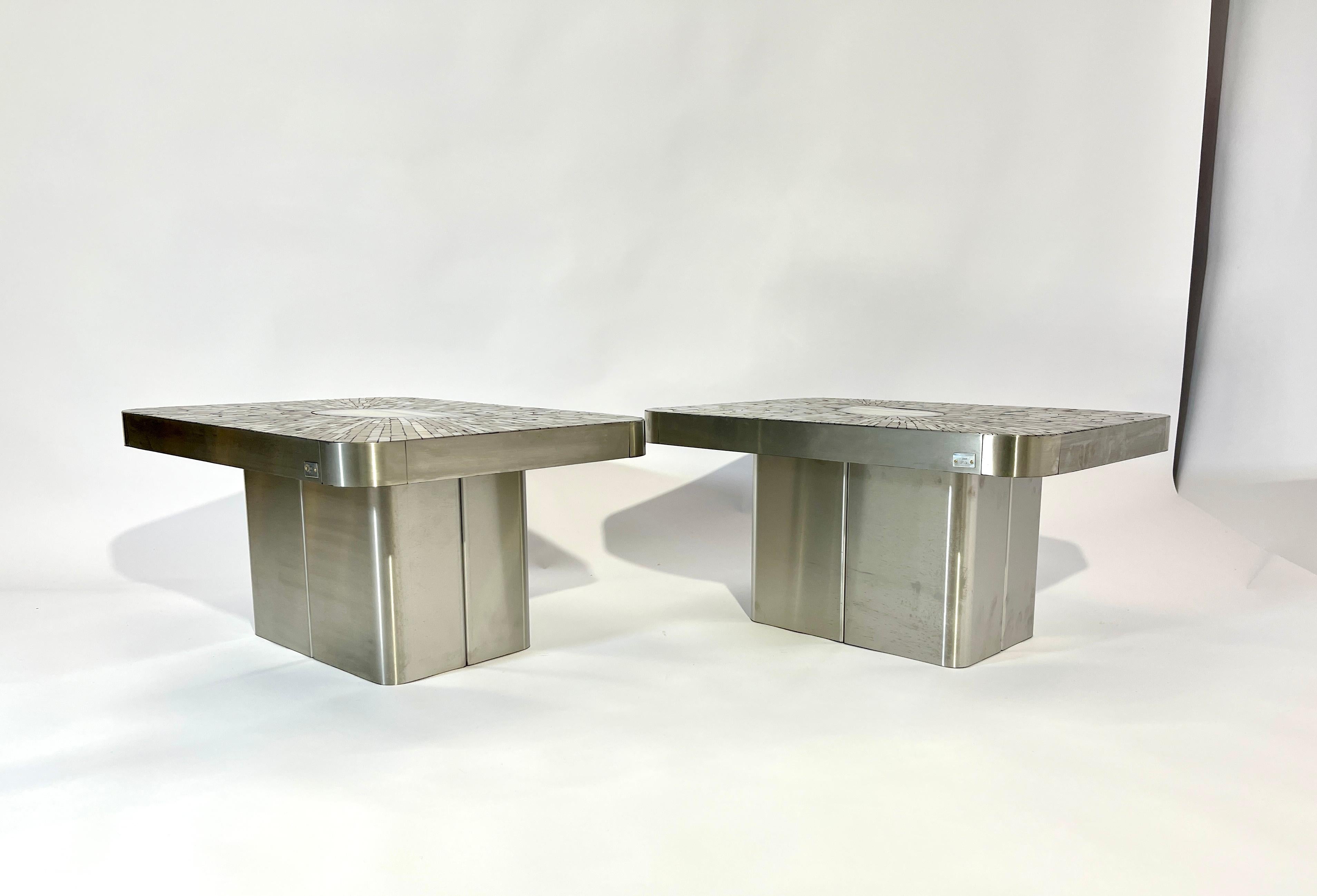 Pair of Side Table mosaic stainless steel and agate by Stan Usel In Excellent Condition For Sale In Brussels, BE