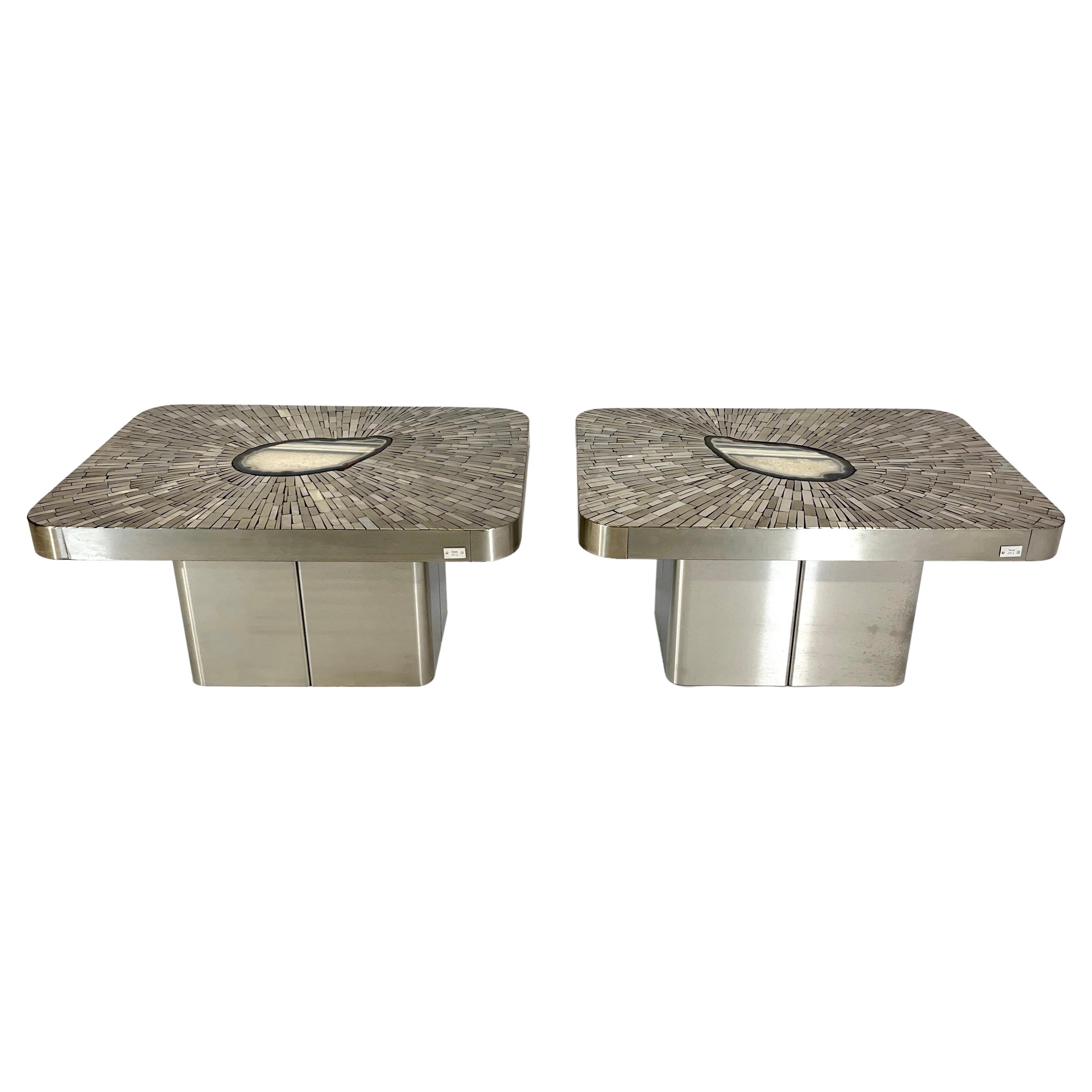 Pair of Side Table mosaic stainless steel and agate by Stan Usel For Sale