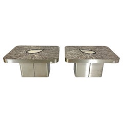 Pair of Side Table mosaic stainless steel and agate by Stan Usel